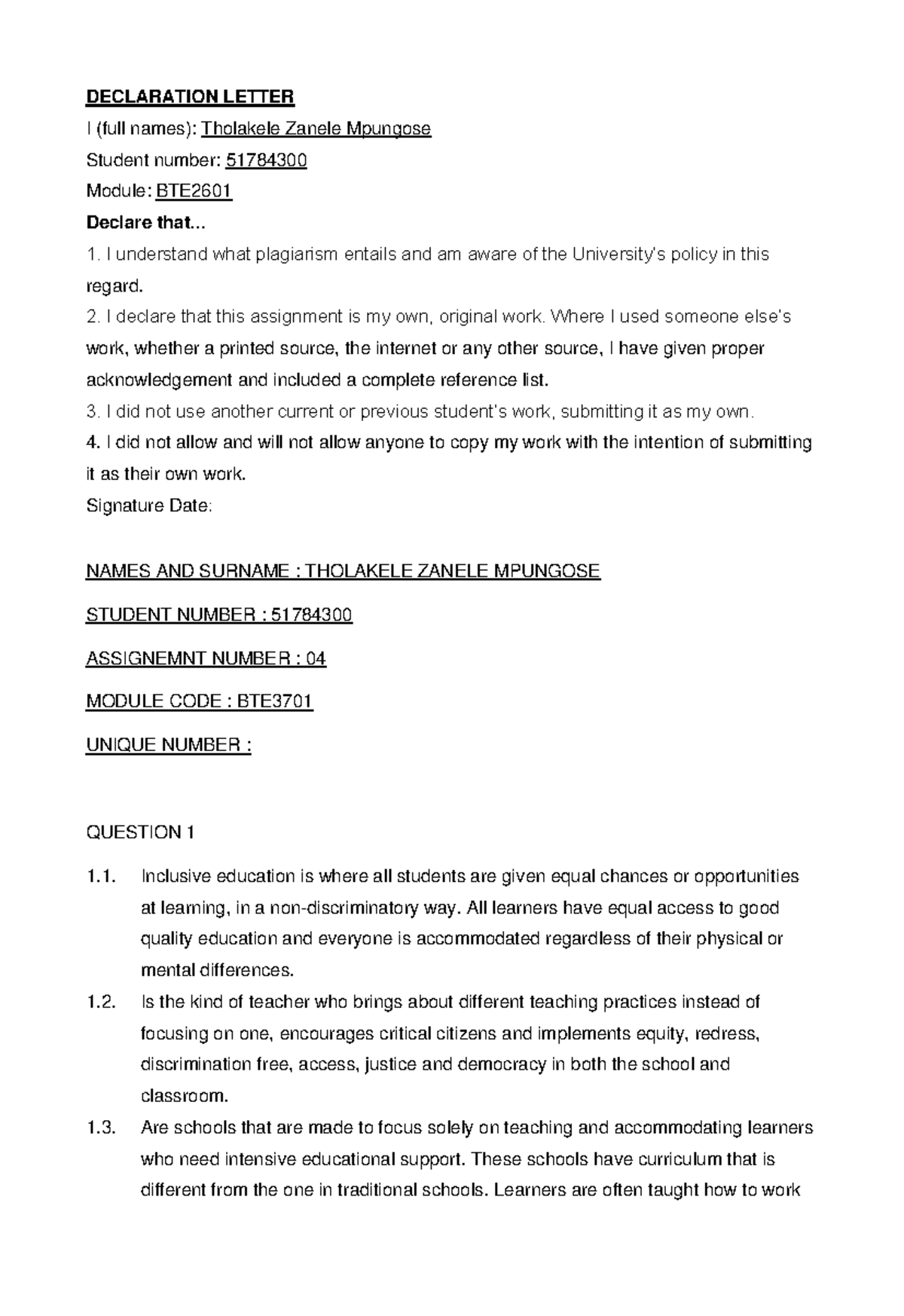 Bte ass4 un - ASSIGNEMENT 4 - DECLARATION LETTER I (full names ...