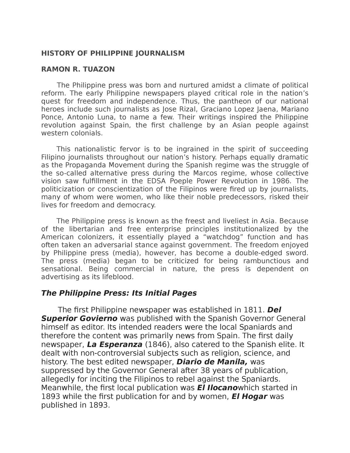 Campus- Journalism- Report - History Of Philippine Journalism Ramon R.  Tuazon The Philippine Press - Studocu