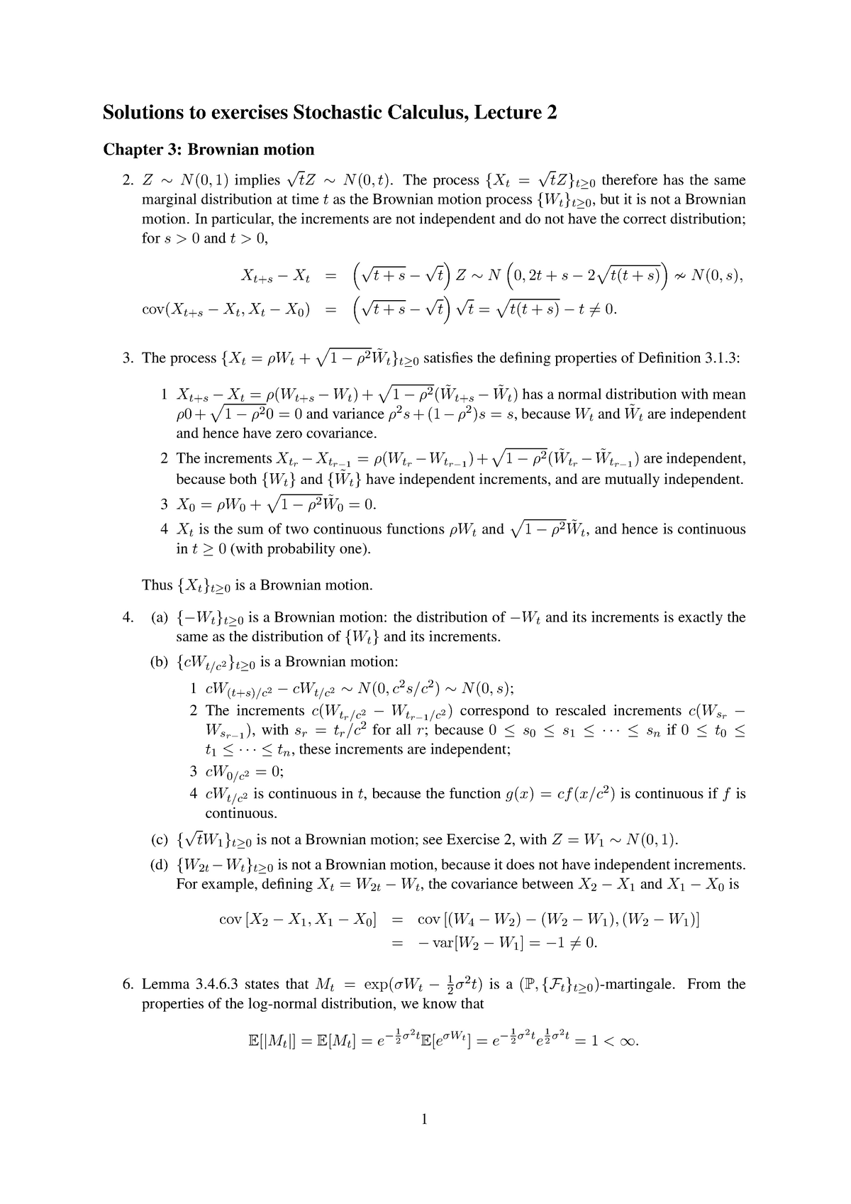 Solutions Exercises Lecture 2 - Solutions To Exercises Stochastic ...