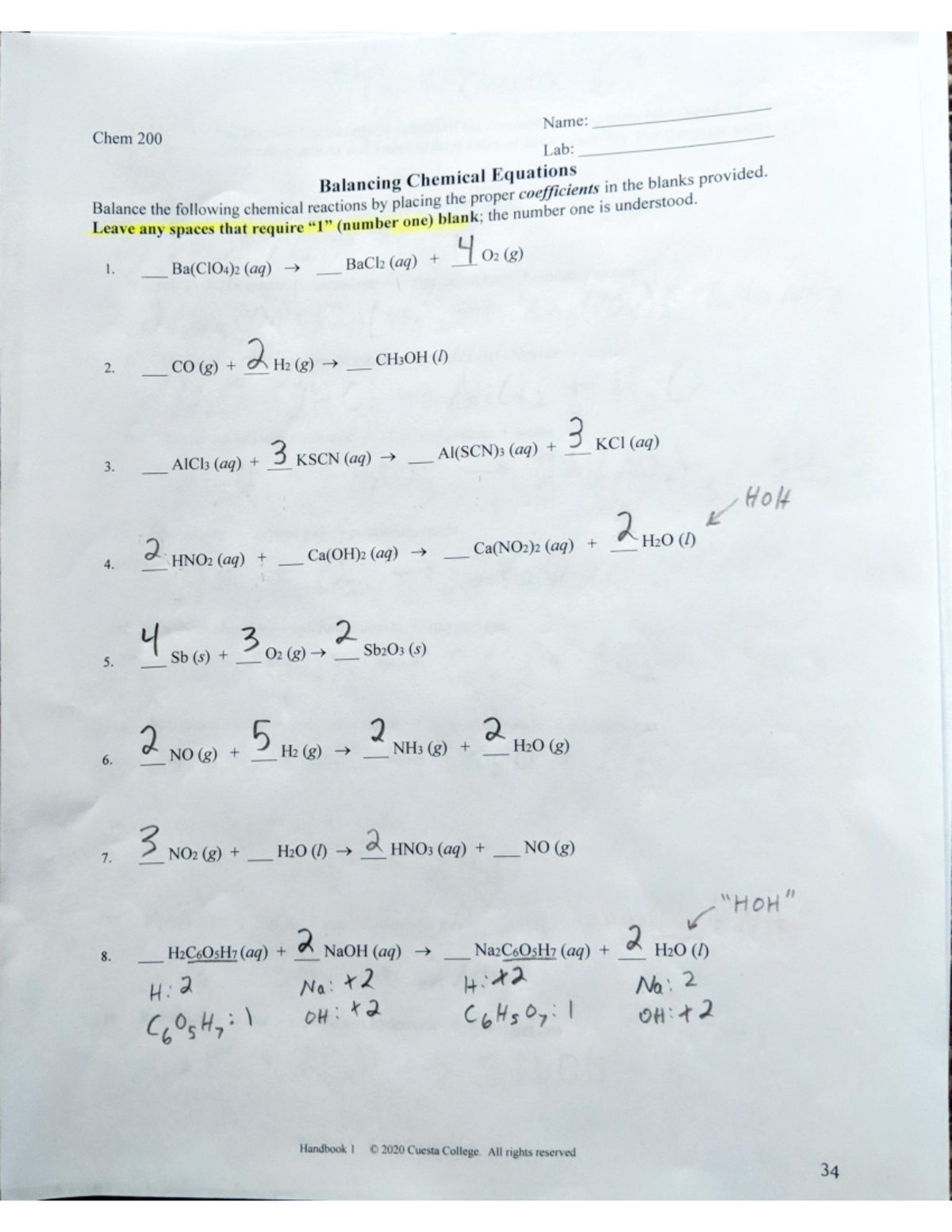 Balancing Chemical Equations FAL - Chem 2 se Nanies lab enna uations d ...