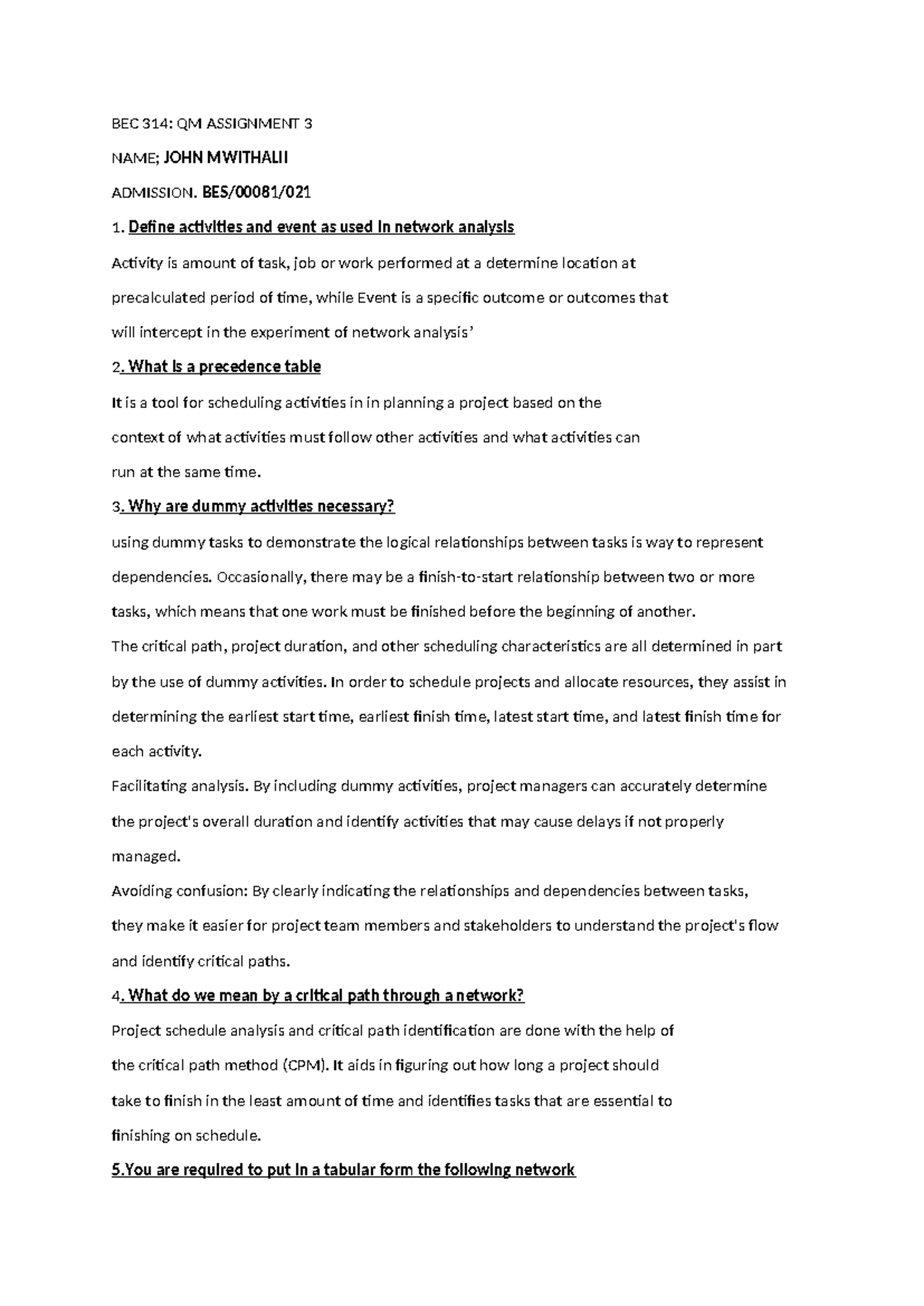 BEC 314 Assignment 3 for yr 3 in line with notes - BEC 314: QM ...