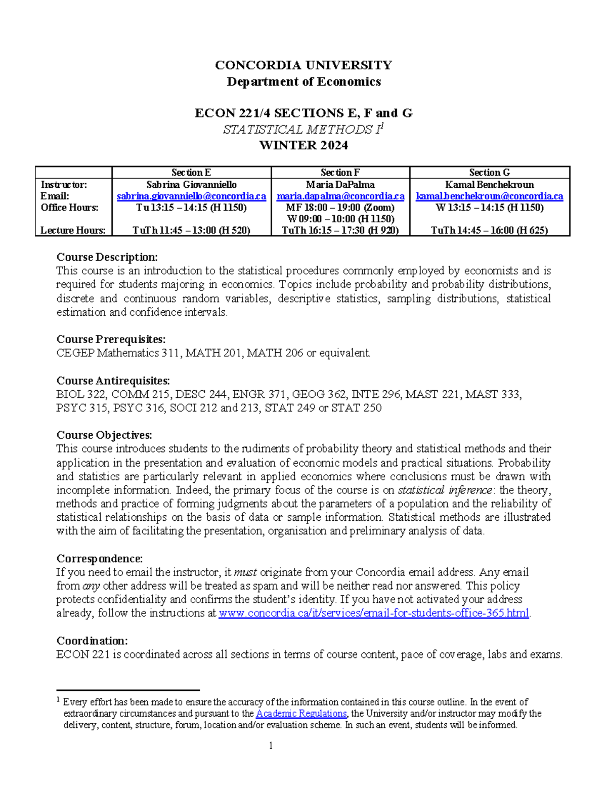 ECON221 (2024W) - Outline - CONCORDIA UNIVERSITY Department Of ...