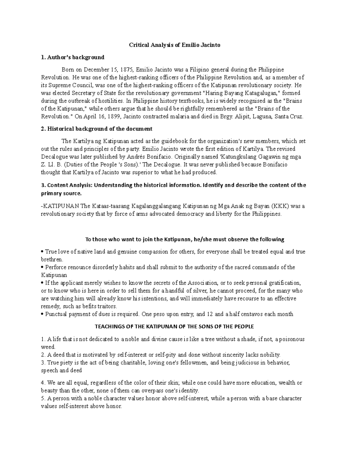 Critical Analysis of Emilio Jacintojerimie de leon Critical Analysis