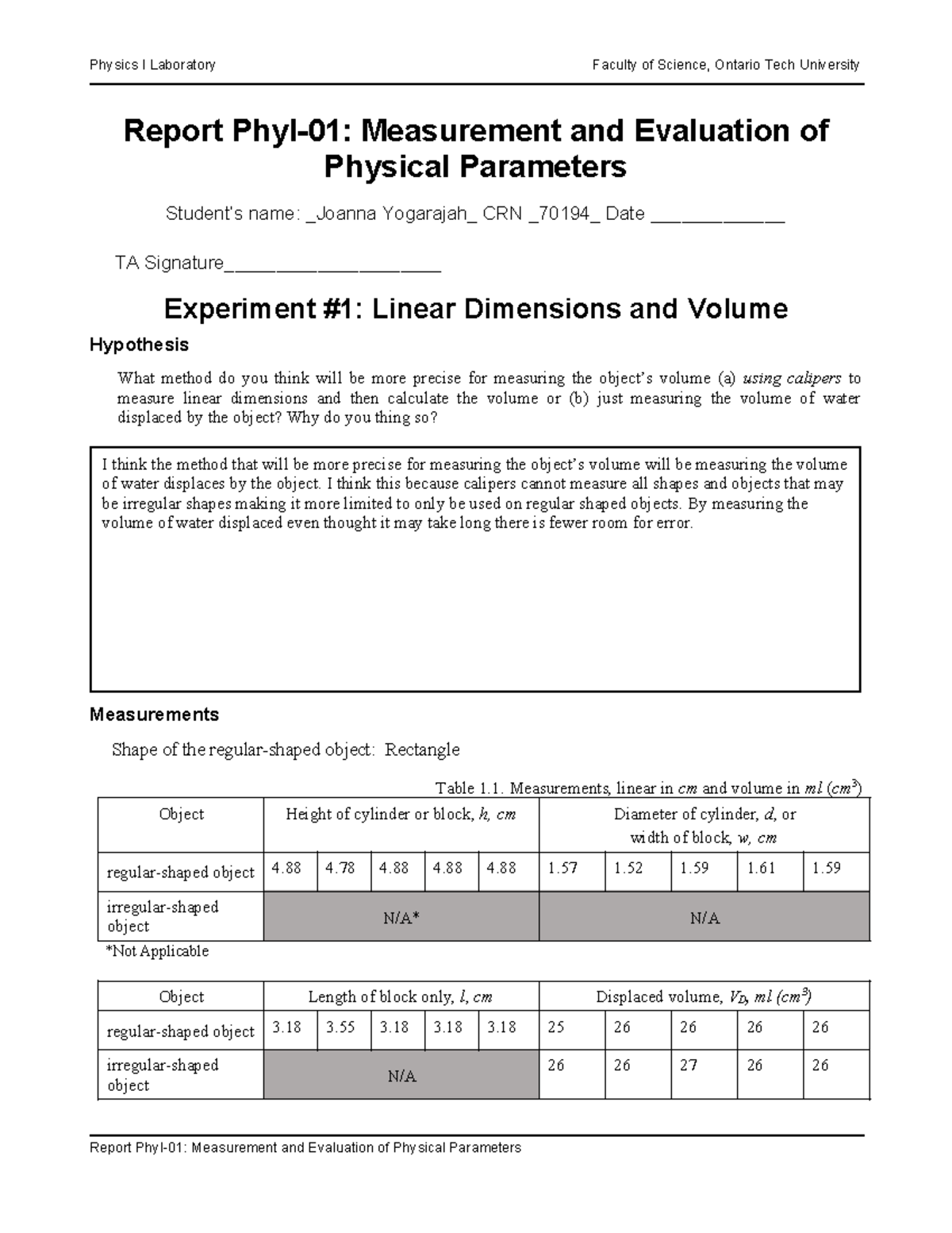 Lab 1- Measurements Report C (1) - Report PhyI-01: Measurement and ...