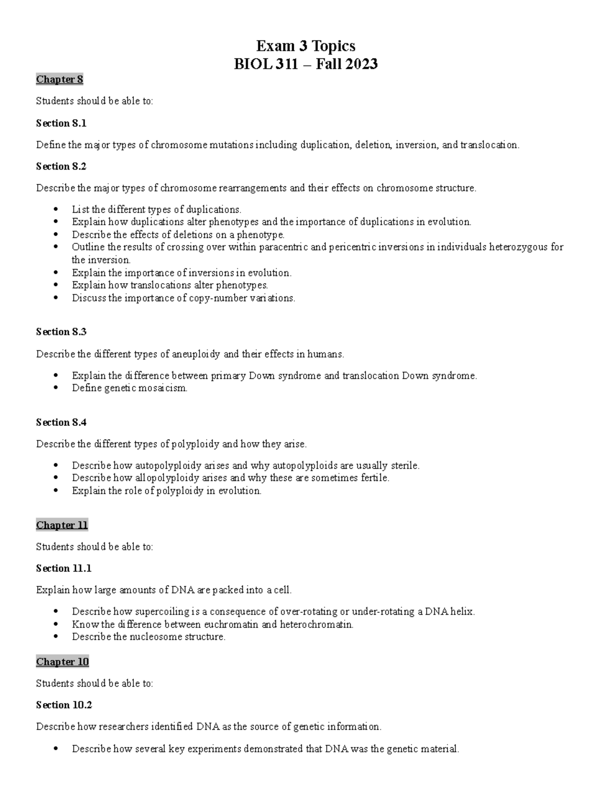 Exam 3 Topics - Slides - Exam 3 Topics BIOL 311 – Fall 2023 Chapter 8 ...