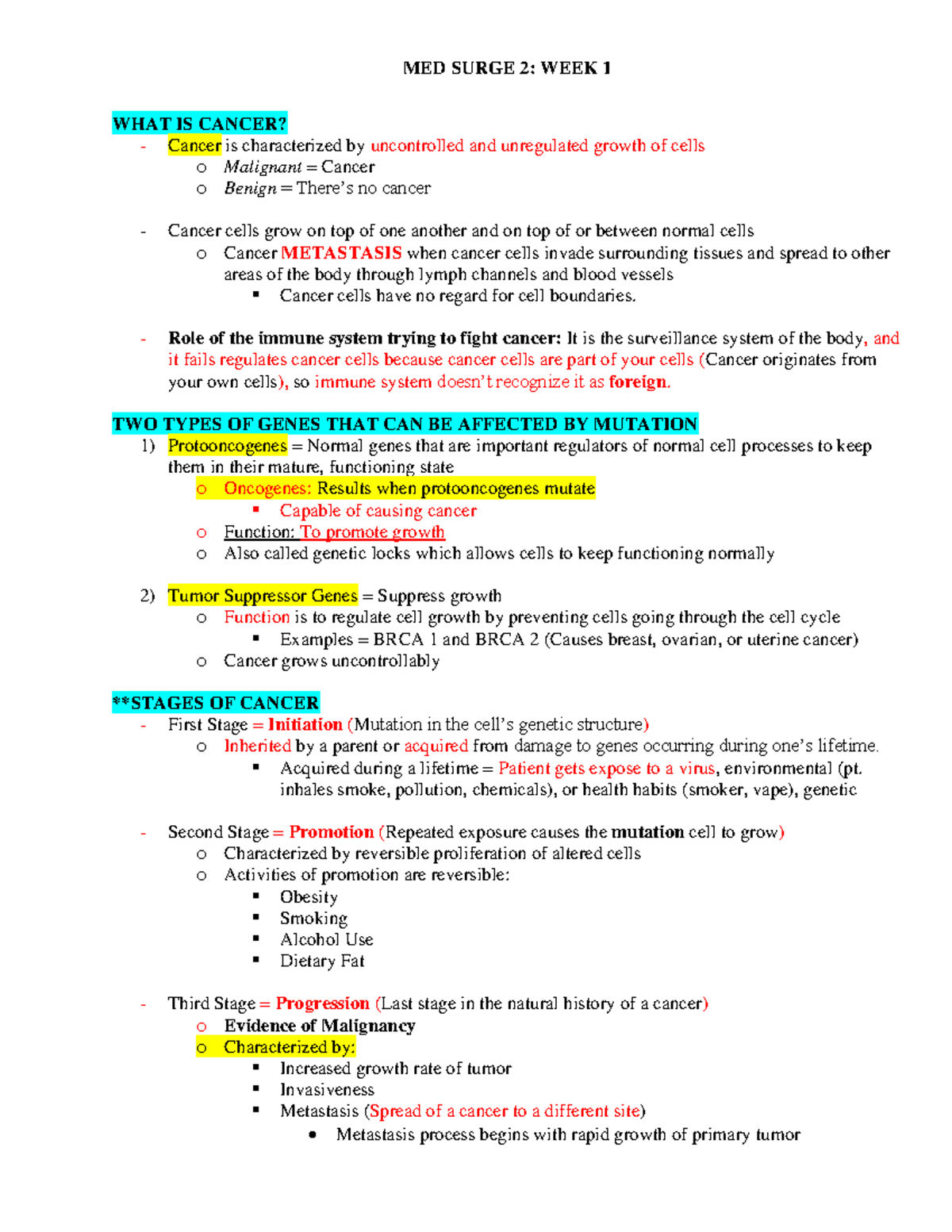 Med Surge 2 Week 1 Notes - WHAT IS CANCER? Cancer is characterized by ...