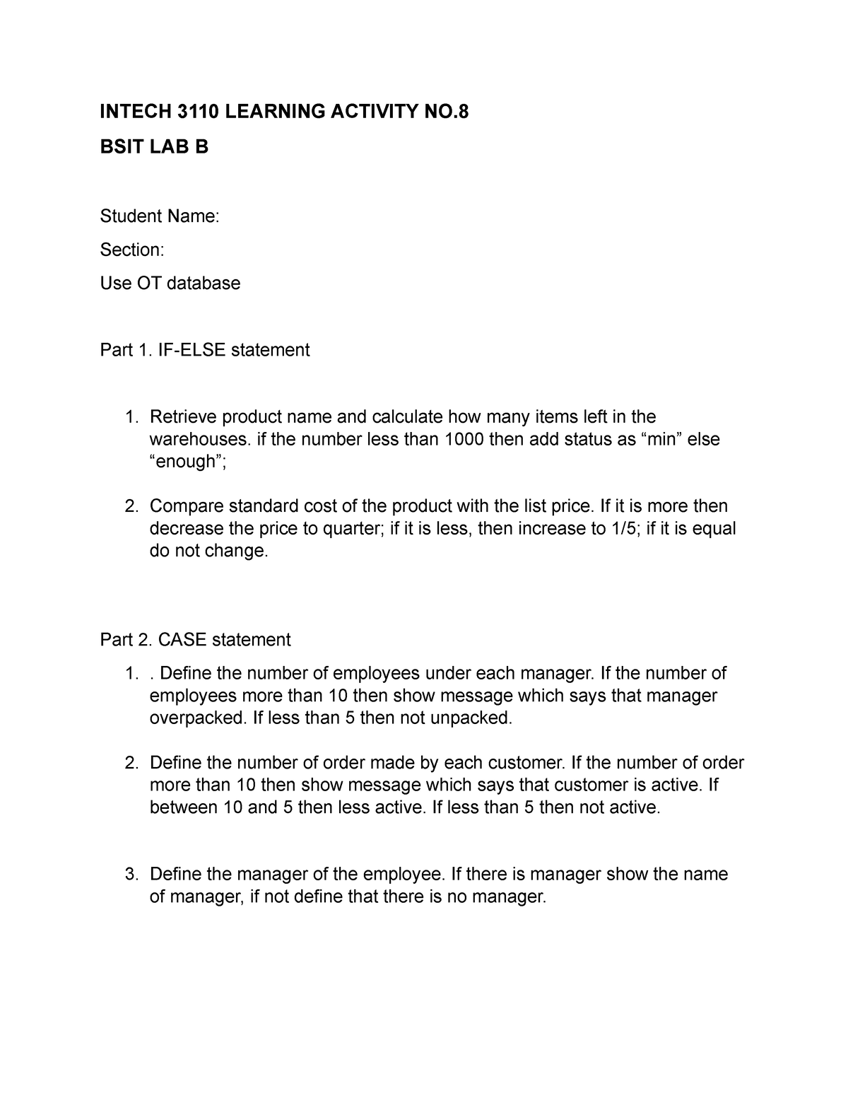 Intech 3110 Learning Activity NO BSIT3-4 Lab B - INTECH 3110 LEARNING ...