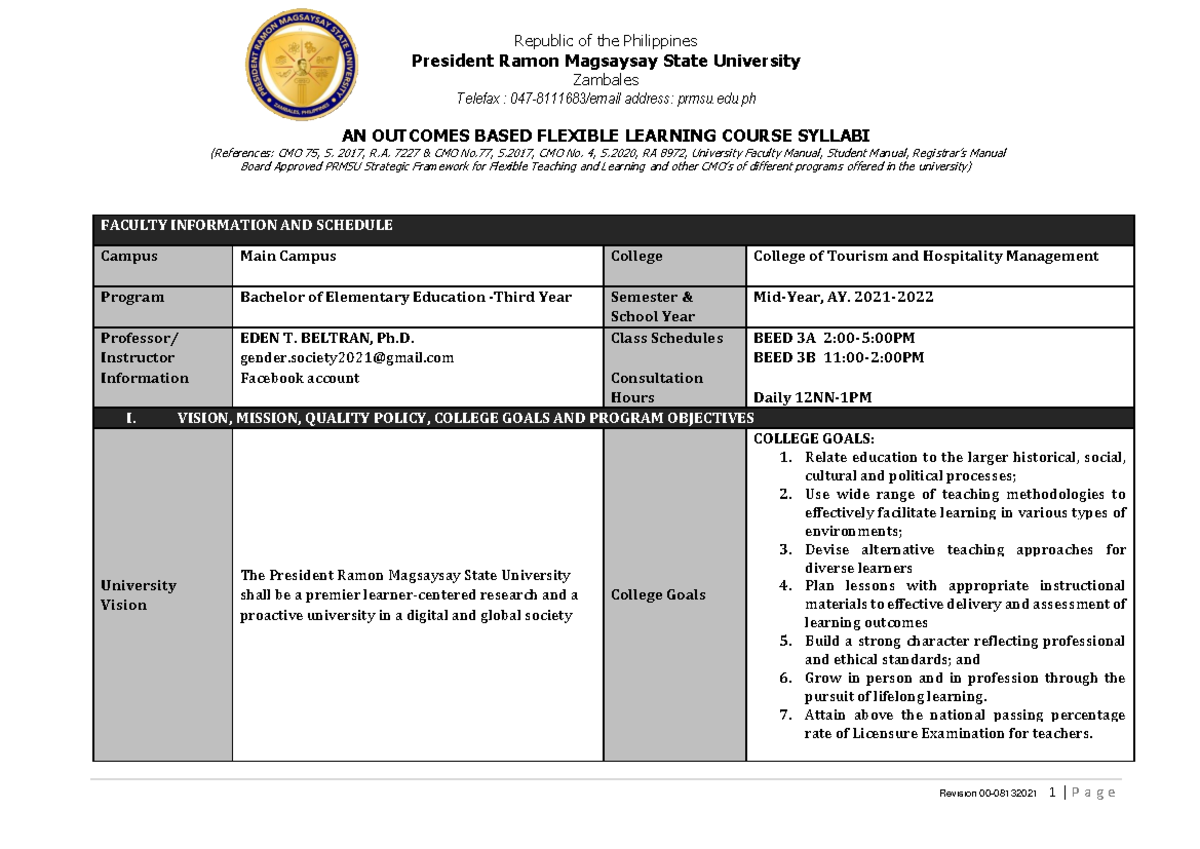 1 OBE GEE7 Gender AND Society BEED MID-YEAR Course Syllabus. ebeltran 6 ...
