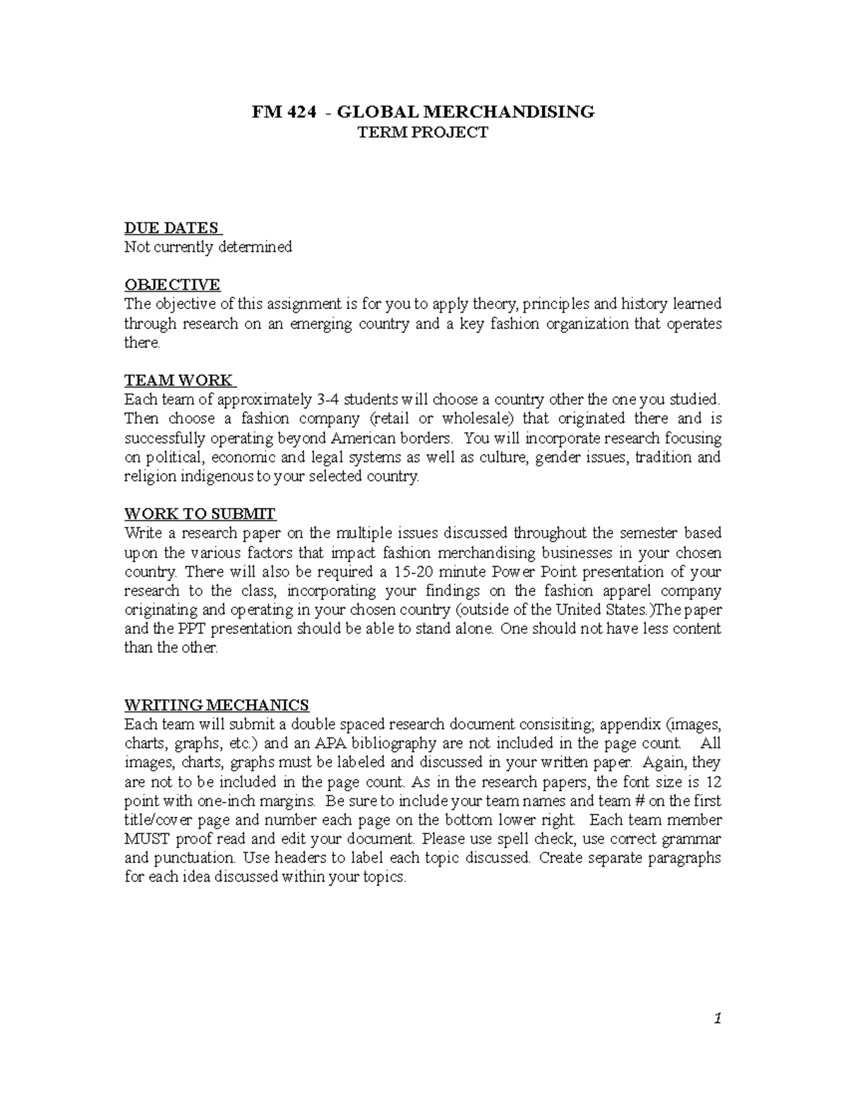FM424 Term Project Guidelines - FM 424 - GLOBAL MERCHANDISING TERM ...
