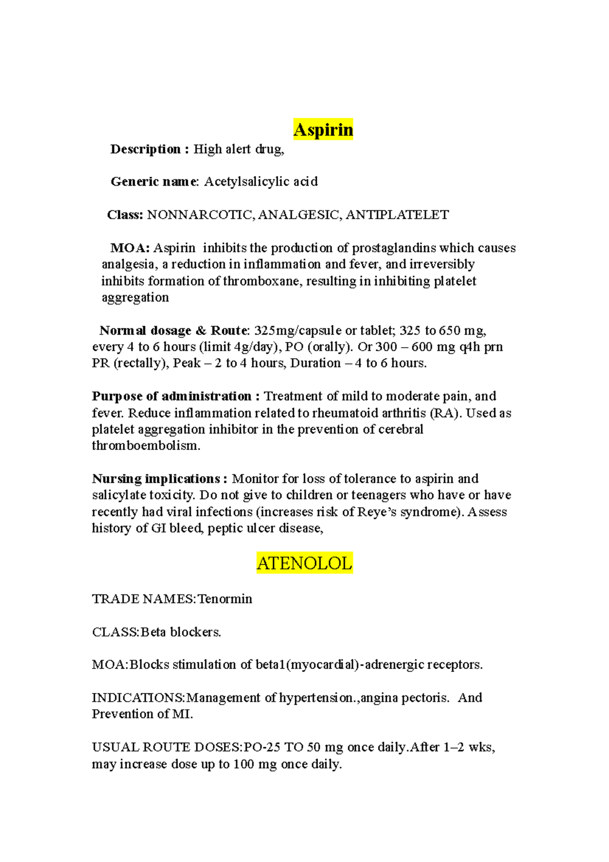 Aspirin DRUG CARD MATERIALS FOR CLINICAL CLASSES Aspirin