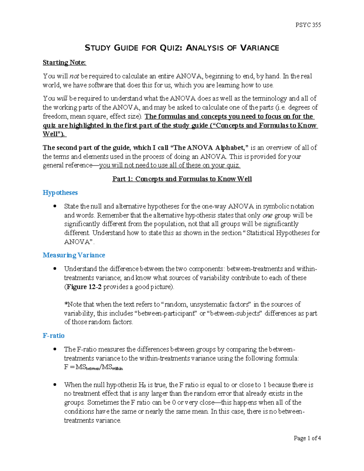 Study Guide for Quiz Analysis of Variance - STUDY GUIDE FOR QUIZ ...
