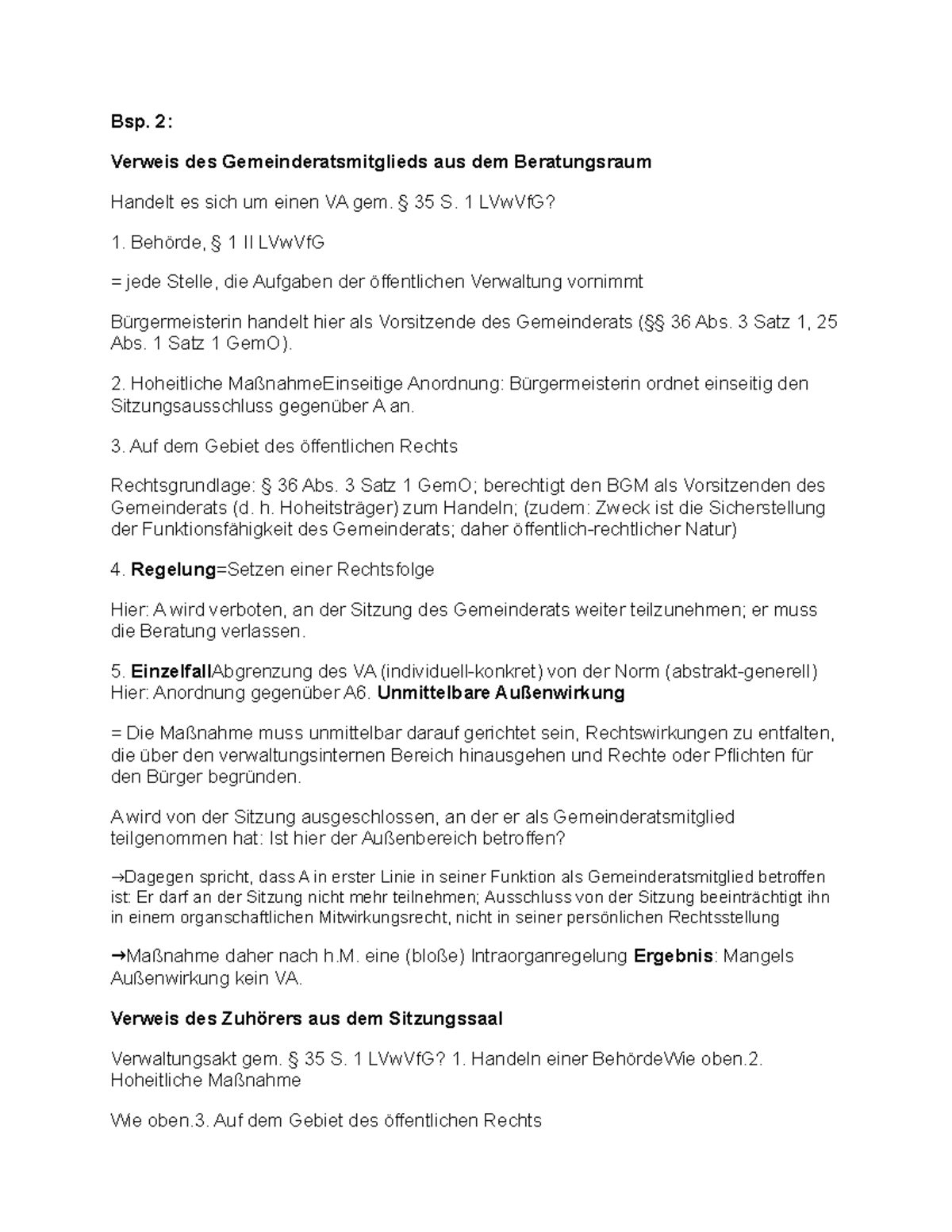 Ein Verwaltungsakt - AG - Bsp. 2: Verweis des Gemeinderatsmitglieds aus dem Beratungsraum ...