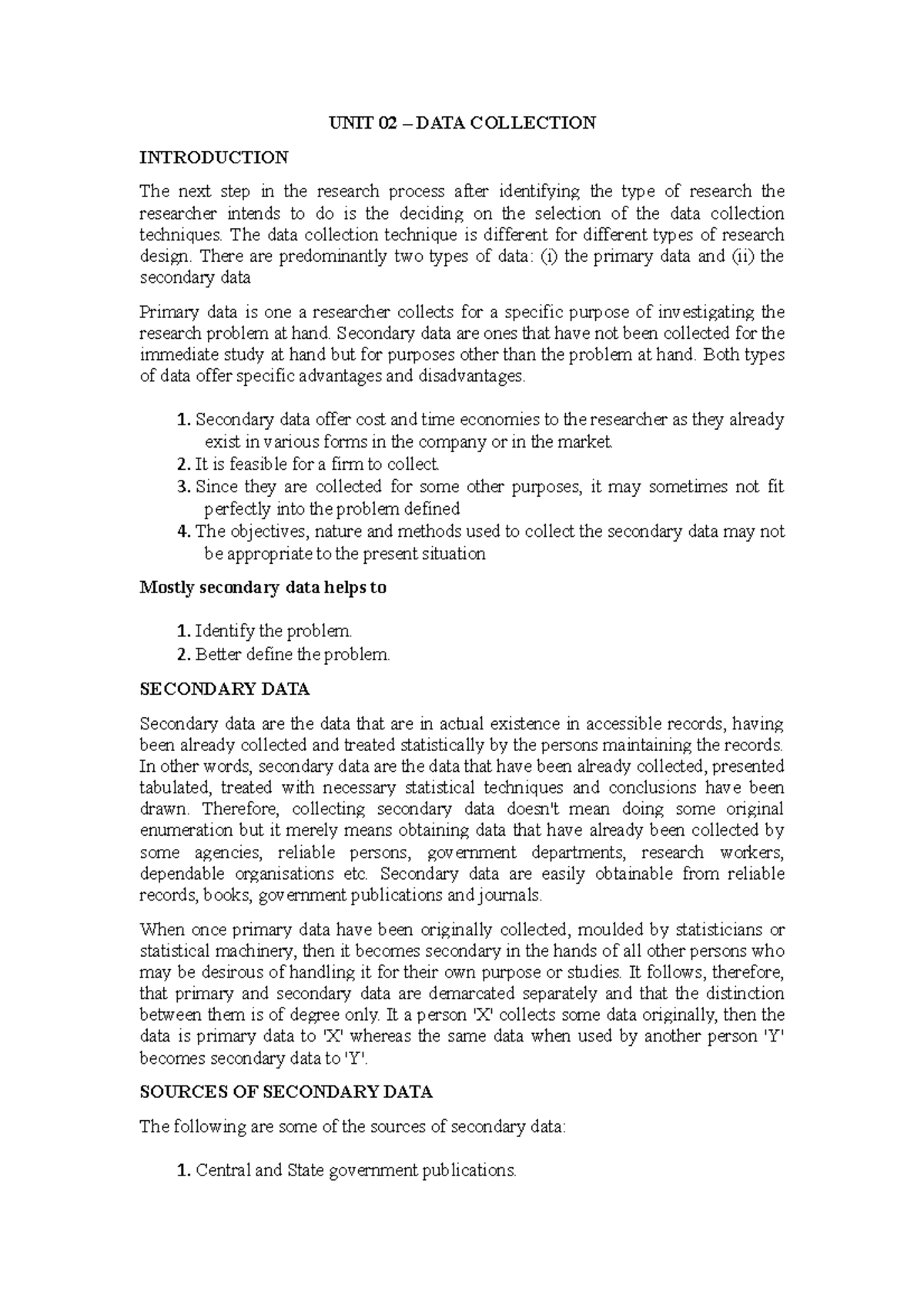 BRM2 - Lecture notes 2 - UNIT 02 – DATA COLLECTION INTRODUCTION The ...