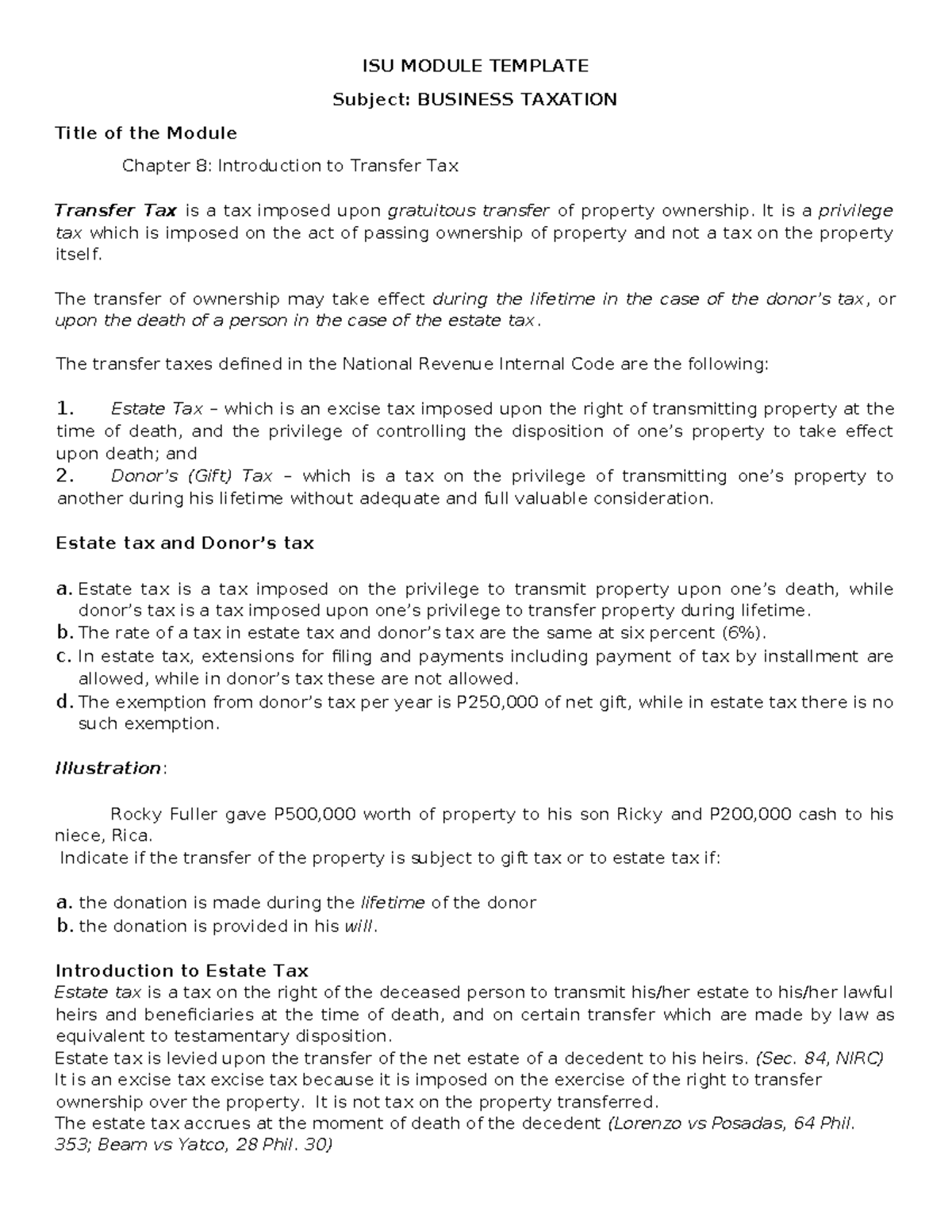Chapter 8 Introduction to Transfer Tax - ISU MODULE TEMPLATE Subject ...