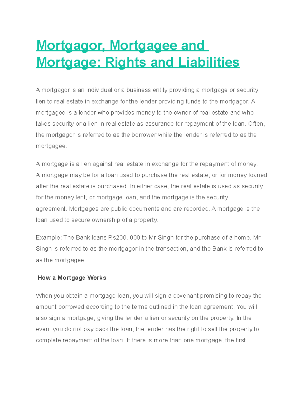 Mortgagor, Mortgagee and Mortgage Rights and Liabilities Mortgagor, Mortgagee and Mortgage