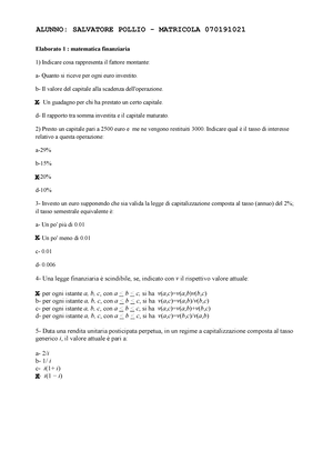 Elaborato 1 mat finanziaria - Elaborato 1 : matematica finanziaria Indicare  cosa rappresenta il - Studocu