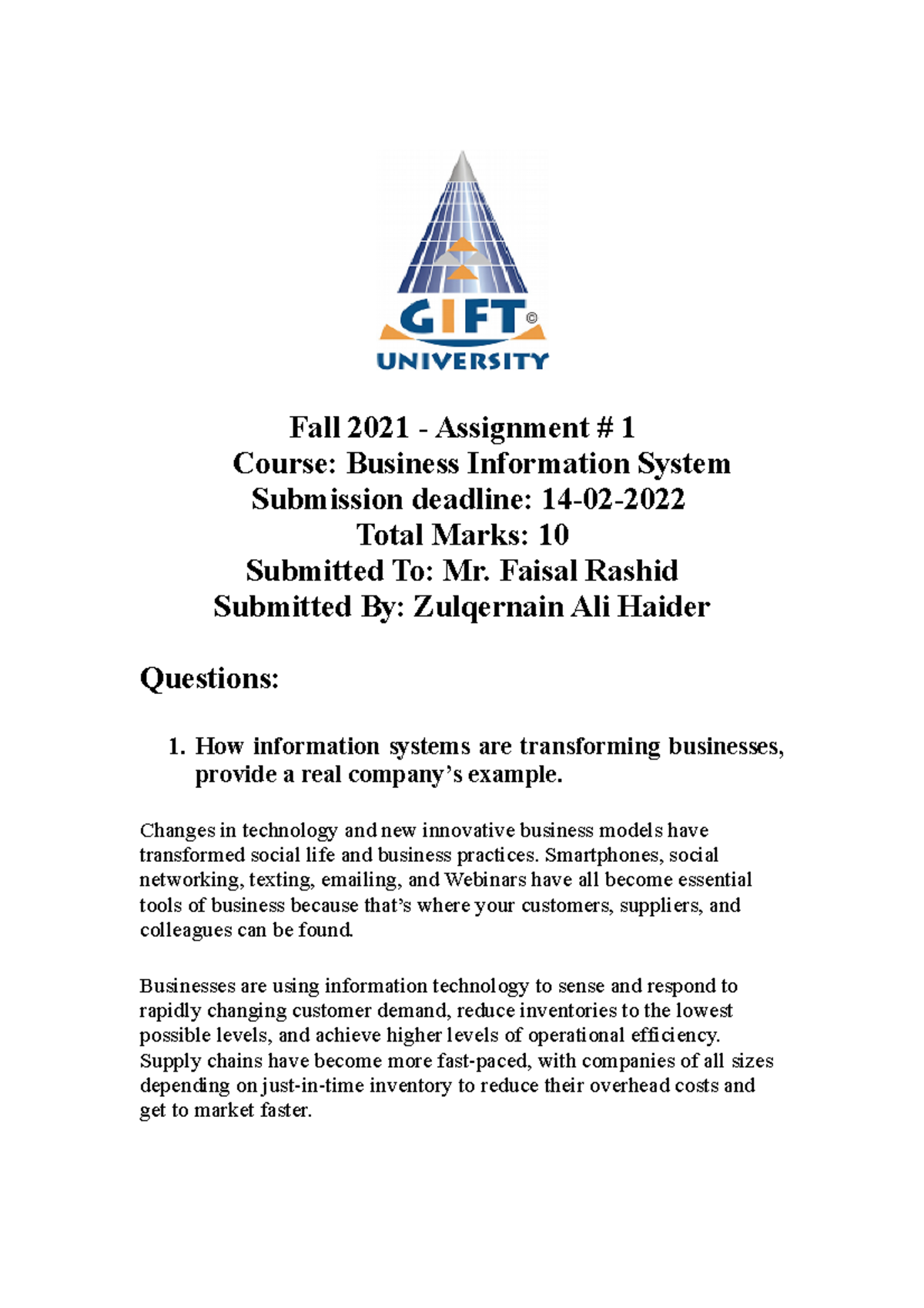 Assignment 1 Instructions - BIS - Fall 2021 - Assignment # 1 Course ...