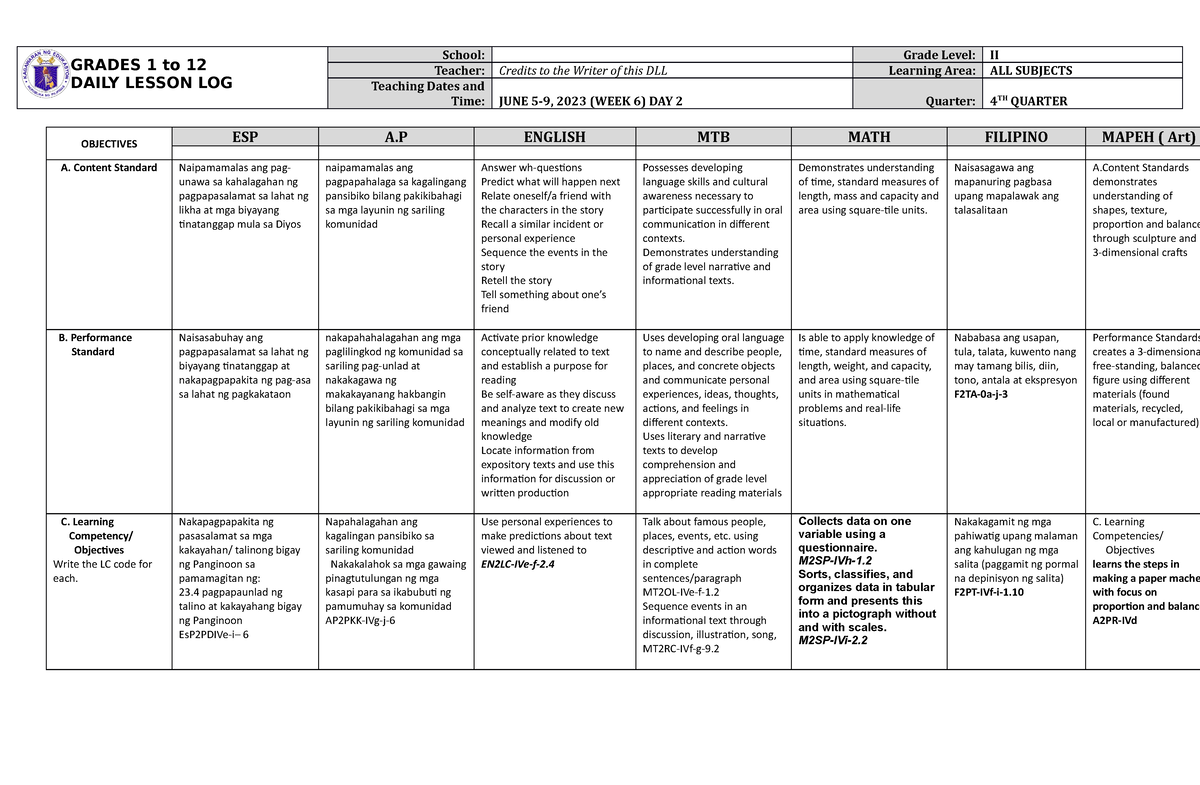 DLL ALL Subjects 2 Q4 W6 D2 - BS. education - PangSU - Studocu