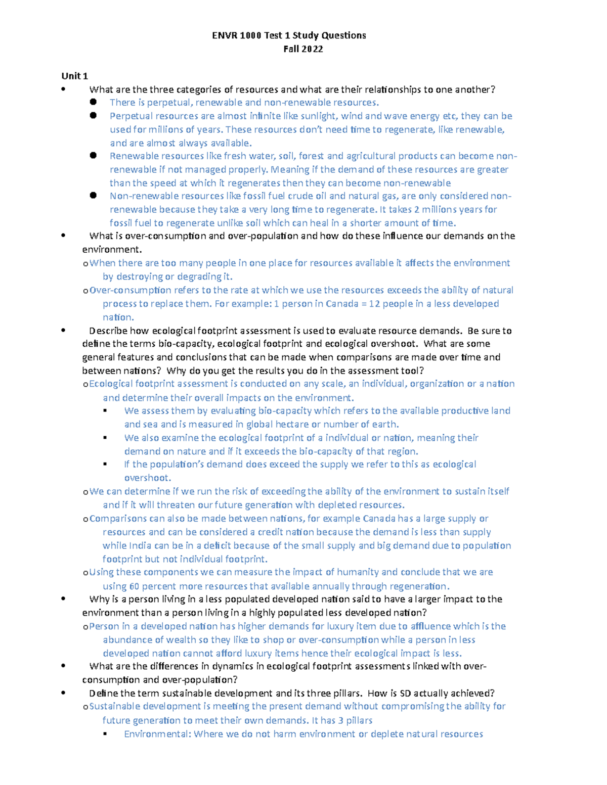 ENVR 1000 Test 1 Prep Fall 2022 - ENVR 1000 Test 1 Study Questions Fall ...