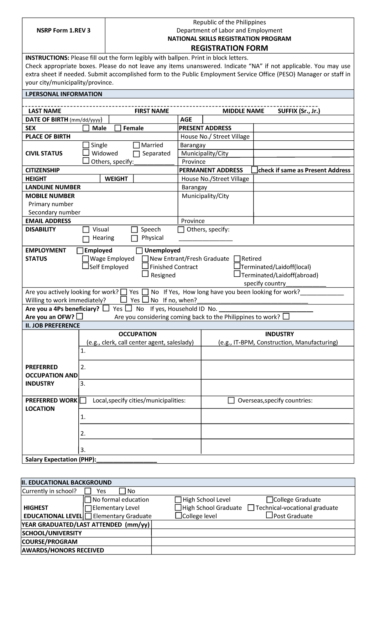 NSRP-Form-1 - sample nsrp - NSRP Form 1 3 Republic of the Philippines ...