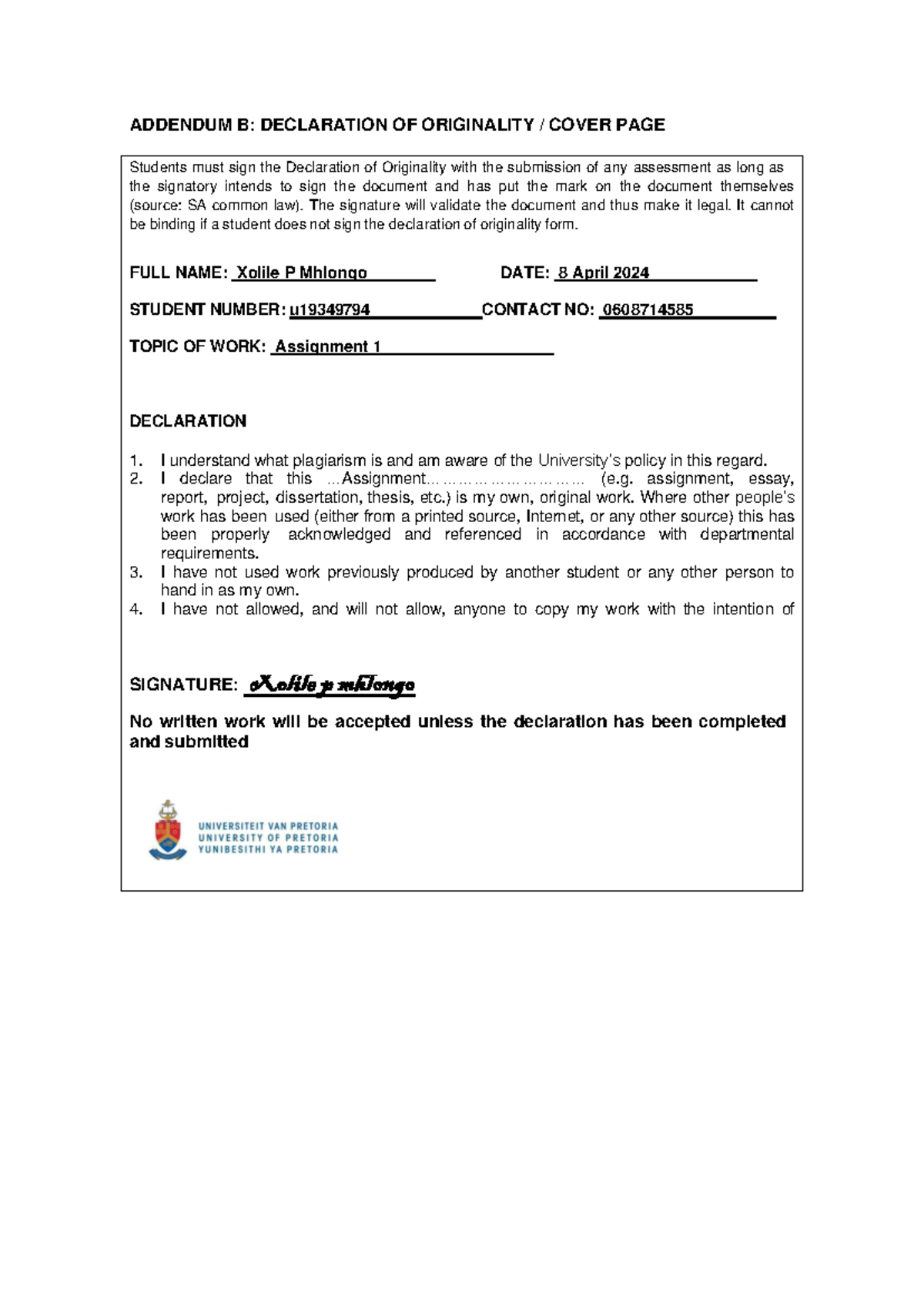 Question 1 - assignment 1 - ADDENDUM B: DECLARATION OF ORIGINALITY ...