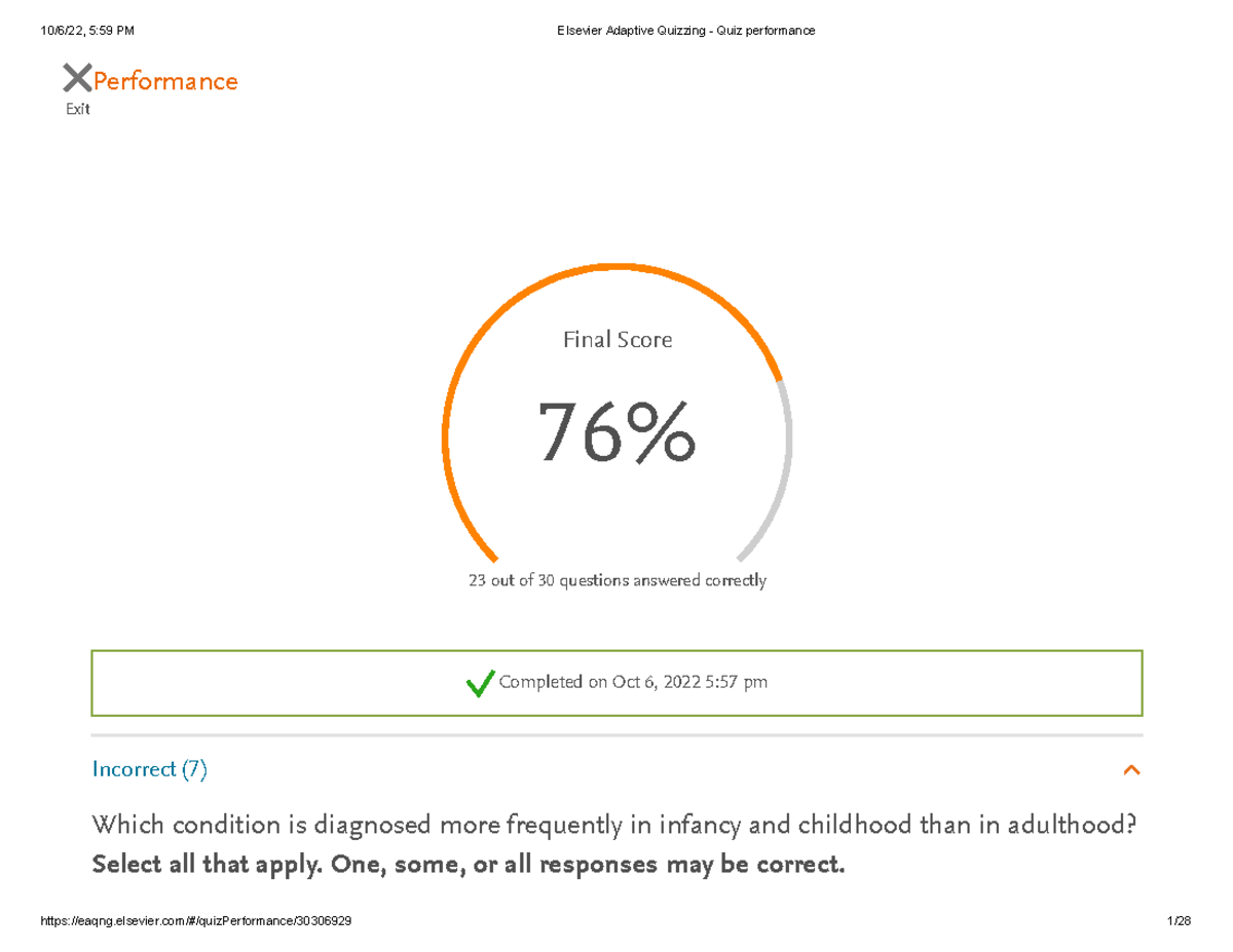 EAQ Safety and Mobility Review Exit Performance Final Score 76 23 out of 30 questions
