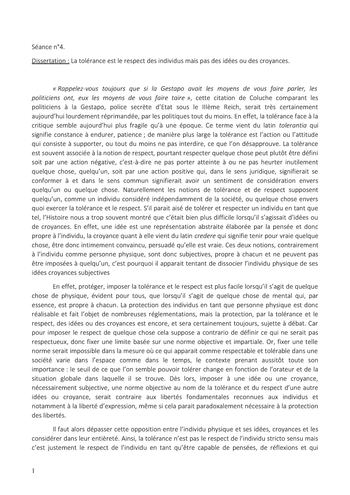 Dissertation - libertés fondamentales - Tolérance - Séance n°4 ...