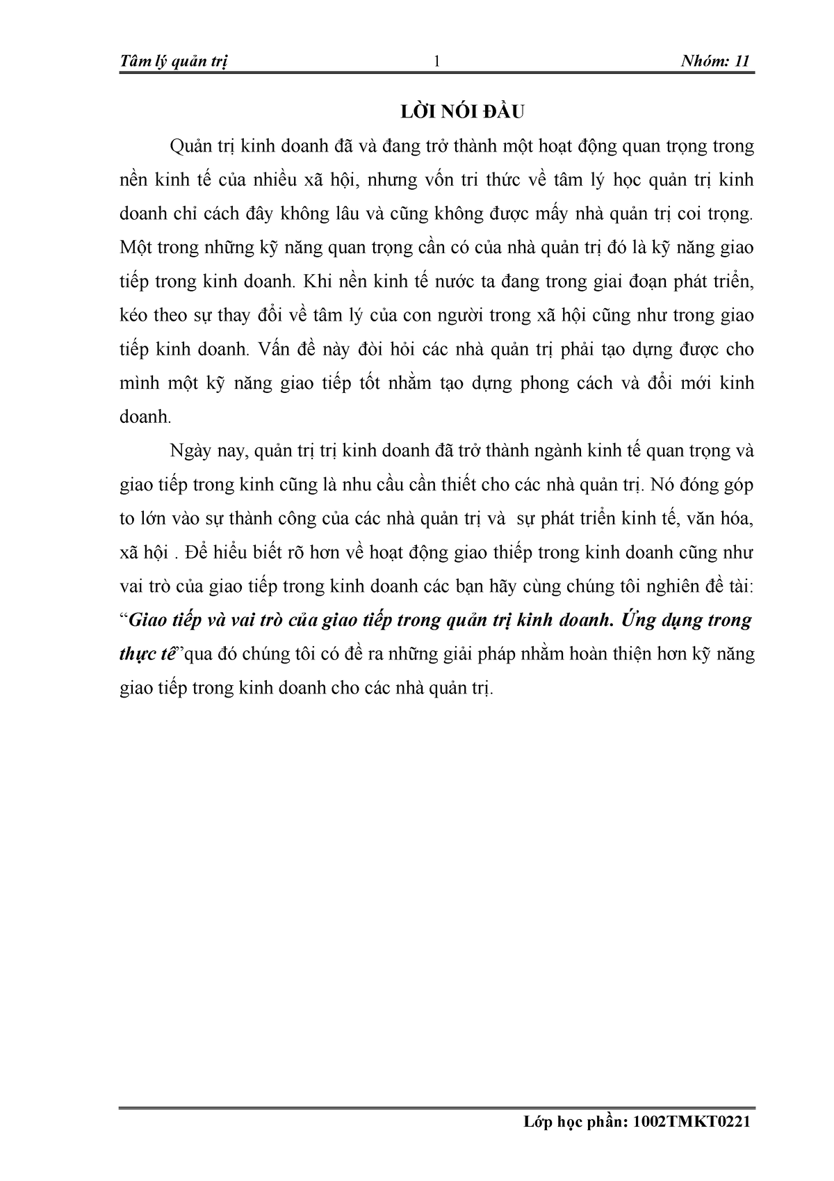 Giao tiep va vai tro cua giao tiep trong - LỜI NÓI ĐẦU Quản trị kinh doanh đã và đang trở thành một - Studocu