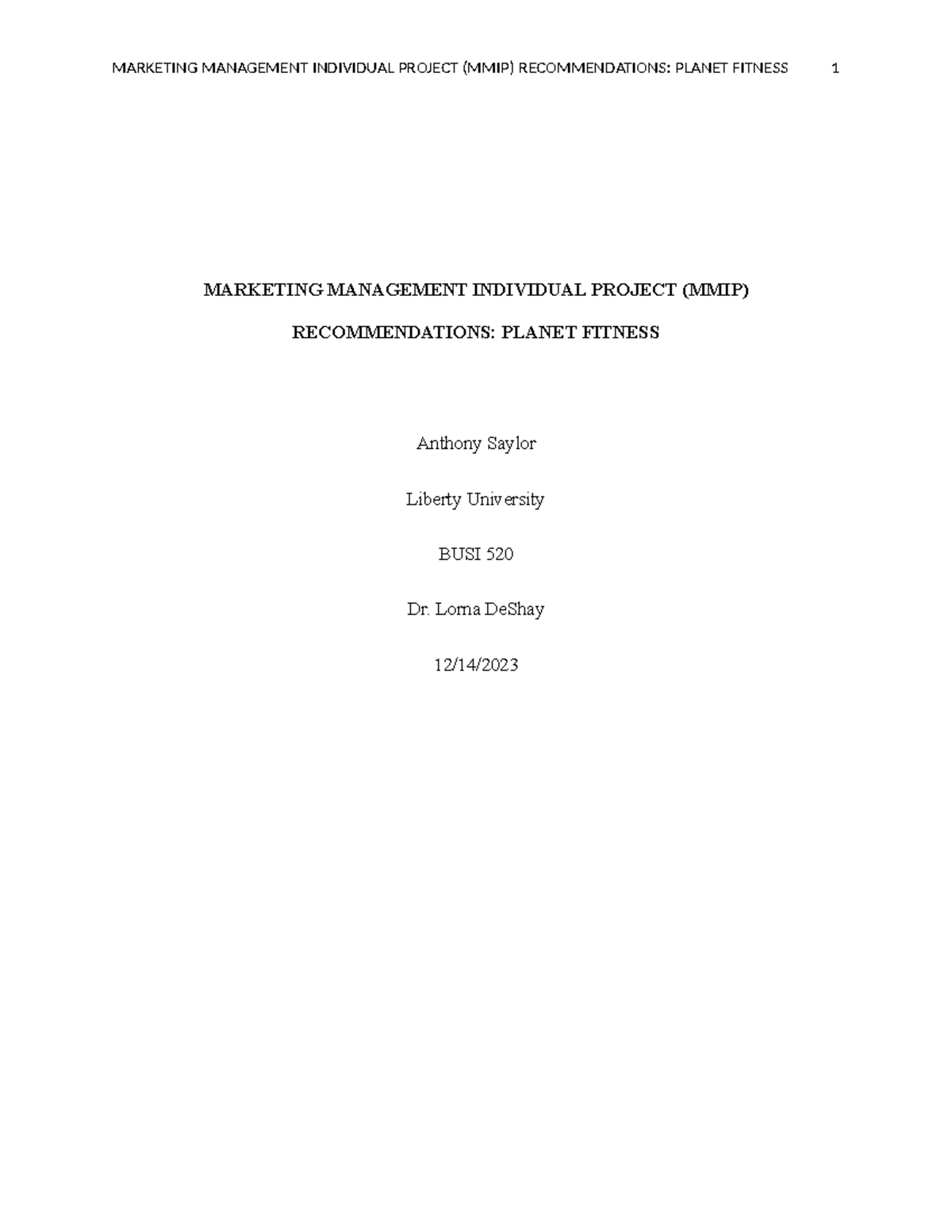 marketing management individual project (mmip) recommendations assignment