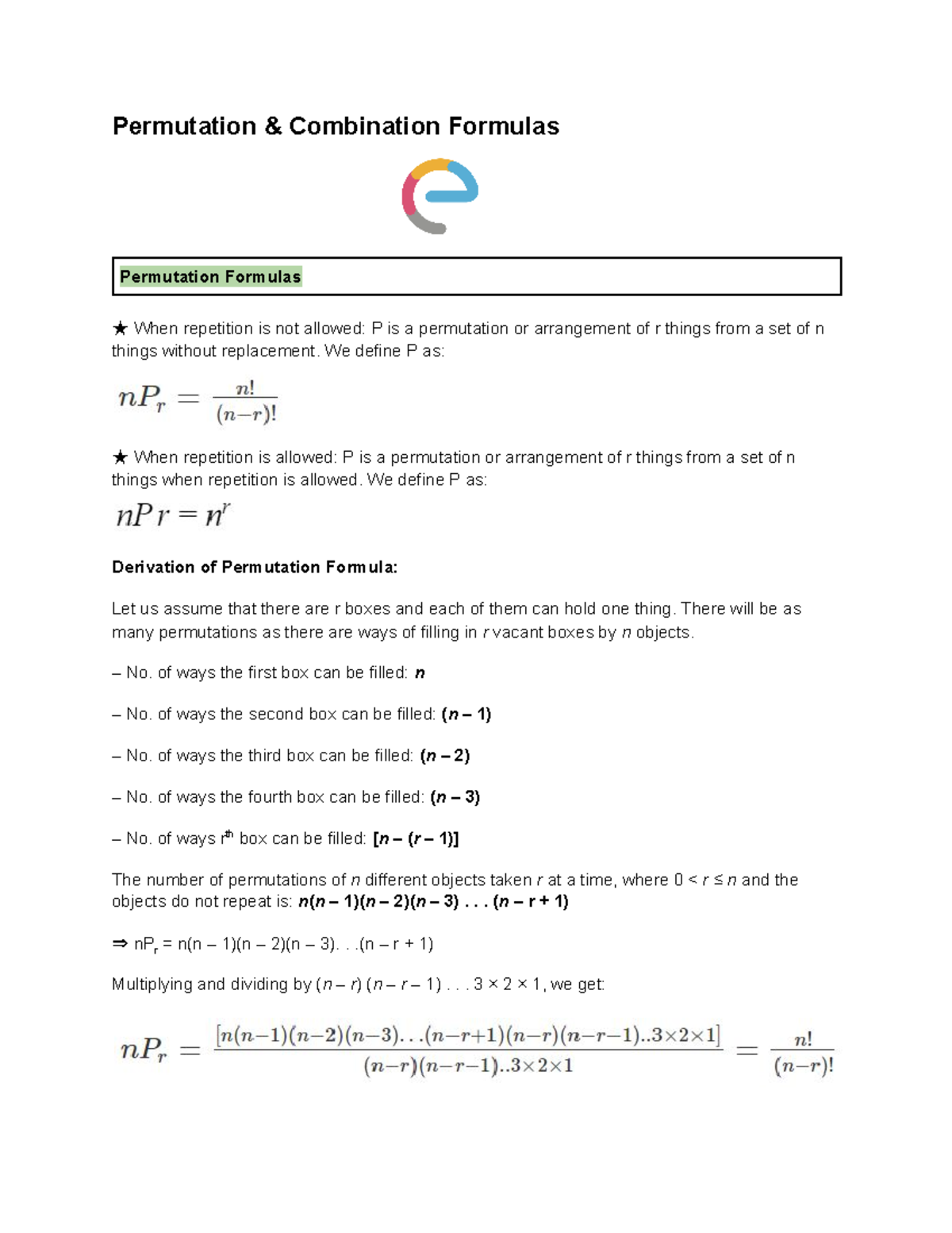 Permutation & Combination Formulas ★ When repetition is not