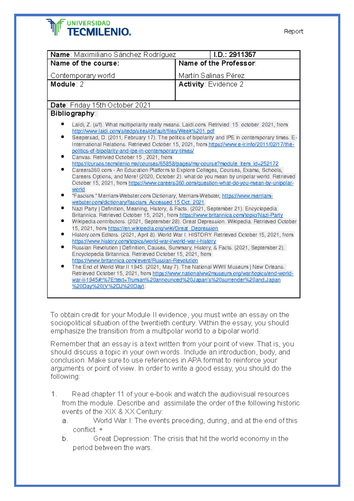 Evidencia 2 contemporary world option 1 universidad tecmilenio - Name ...