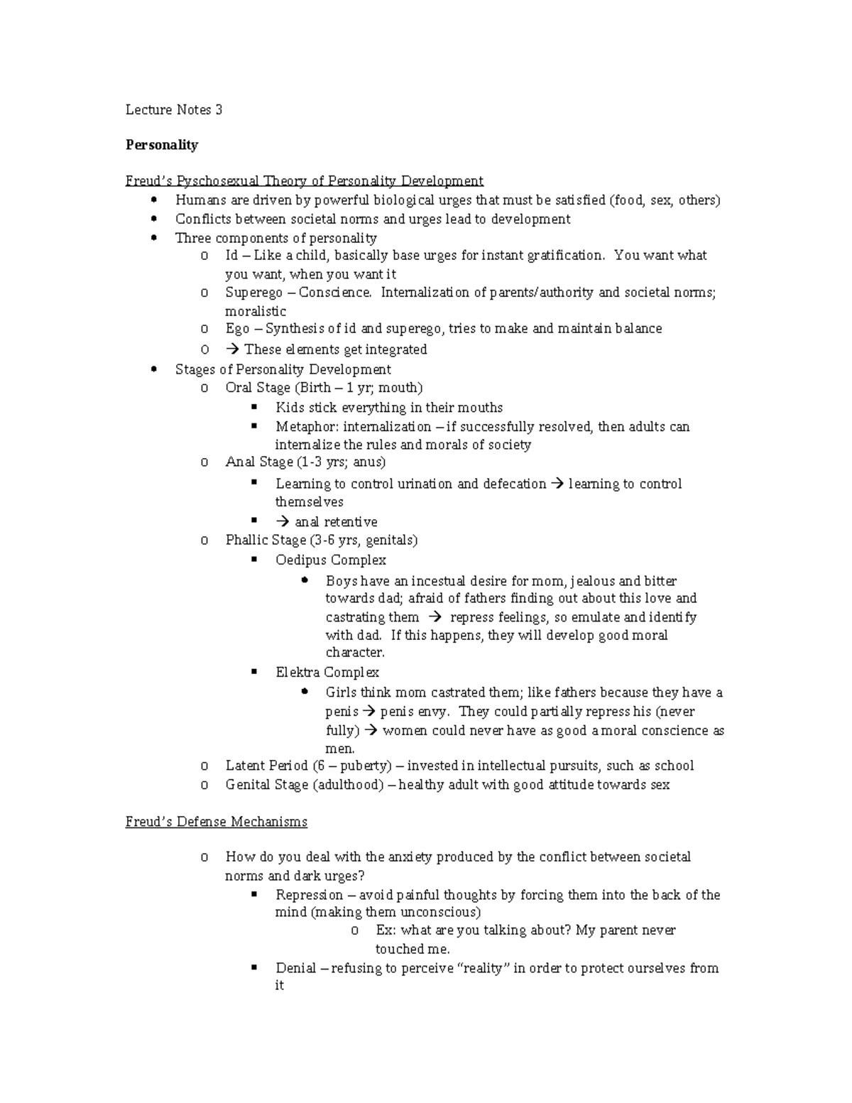 Lecture Notes 3 - Theory of Personality Development - Lecture Notes 3 ...
