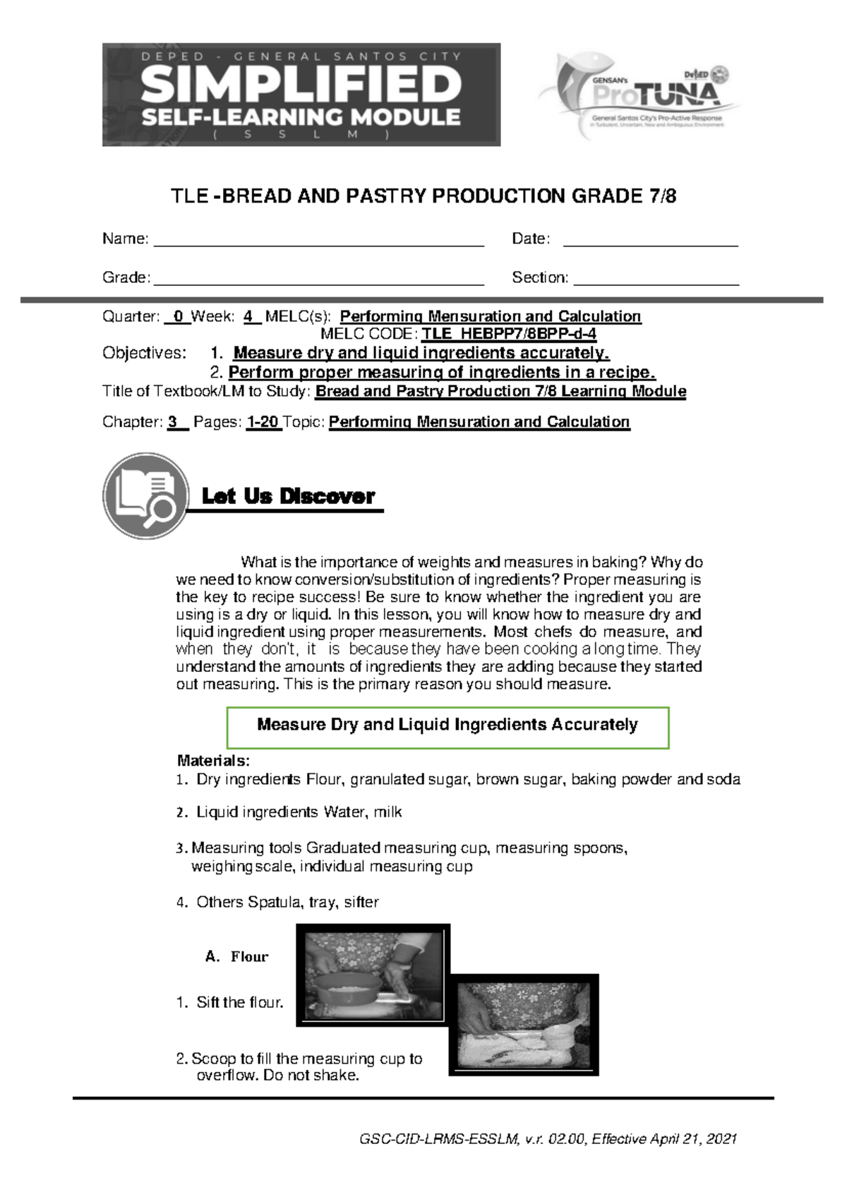 SSLM TLE BPP 7 8 WEEK 4 bread and pastry production exploratory