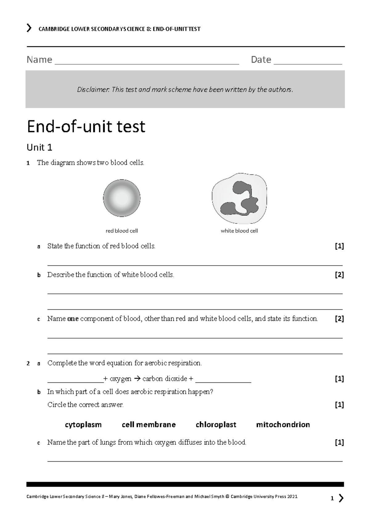 S8 EndofUnit 1 Test science year 8 CAMBRIDGE LOWER SECONDARY