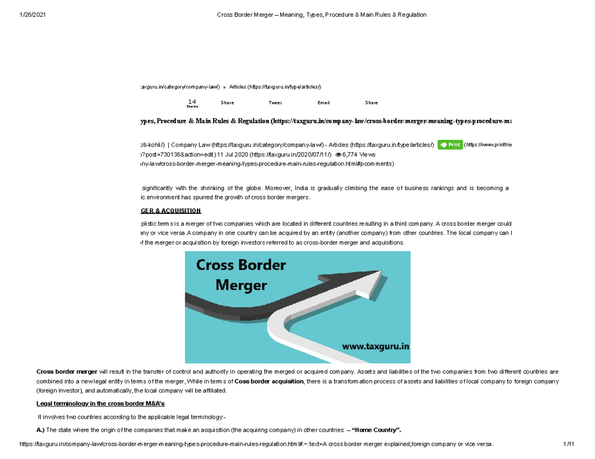 Cross Border Merger 2 Corporate Law Law005 Studocu