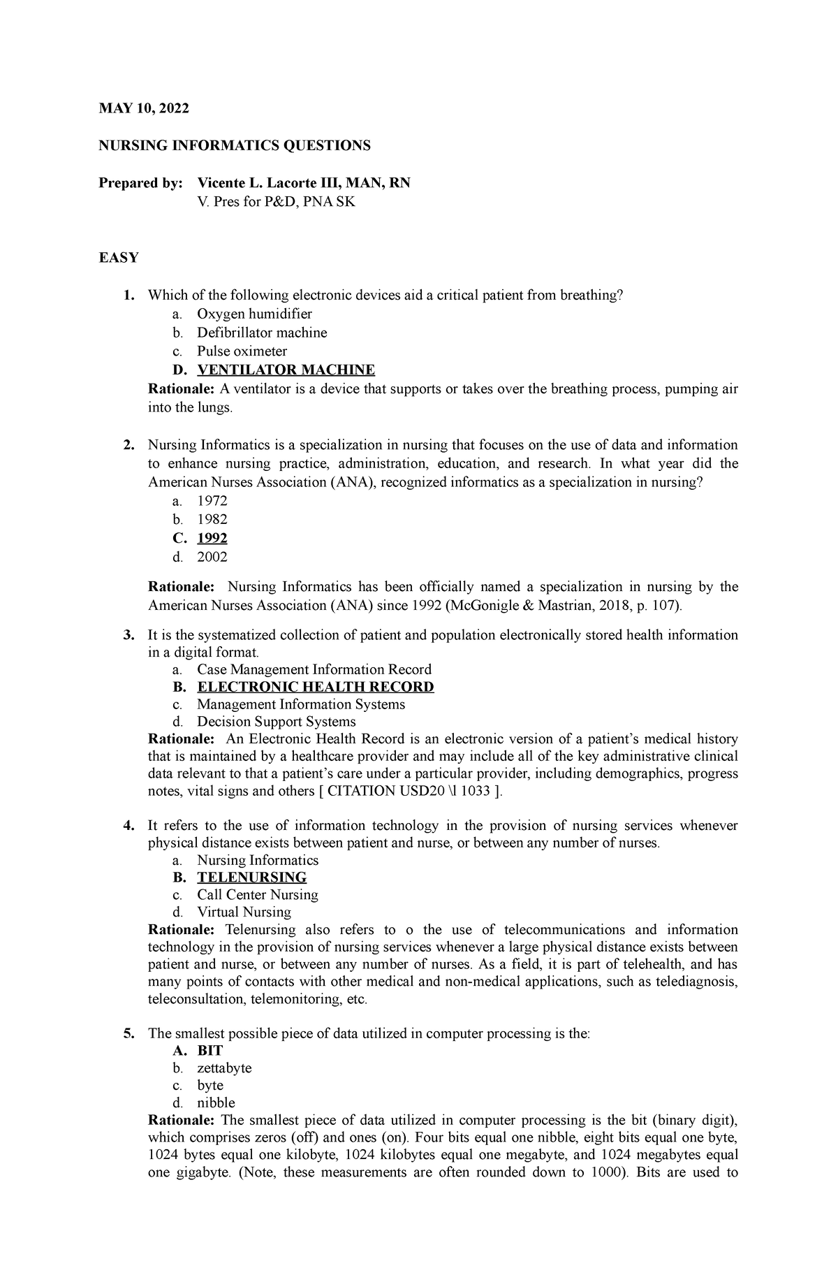 Nursing Informatics Questions - MAY 10, 2022 NURSING INFORMATICS ...