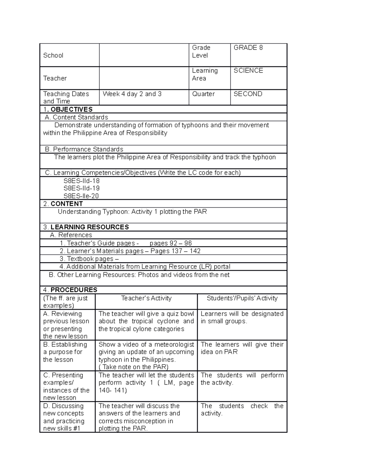 S8es Iid 18 Understanding Typhoon - School Grade Level Grade 8 Teacher 