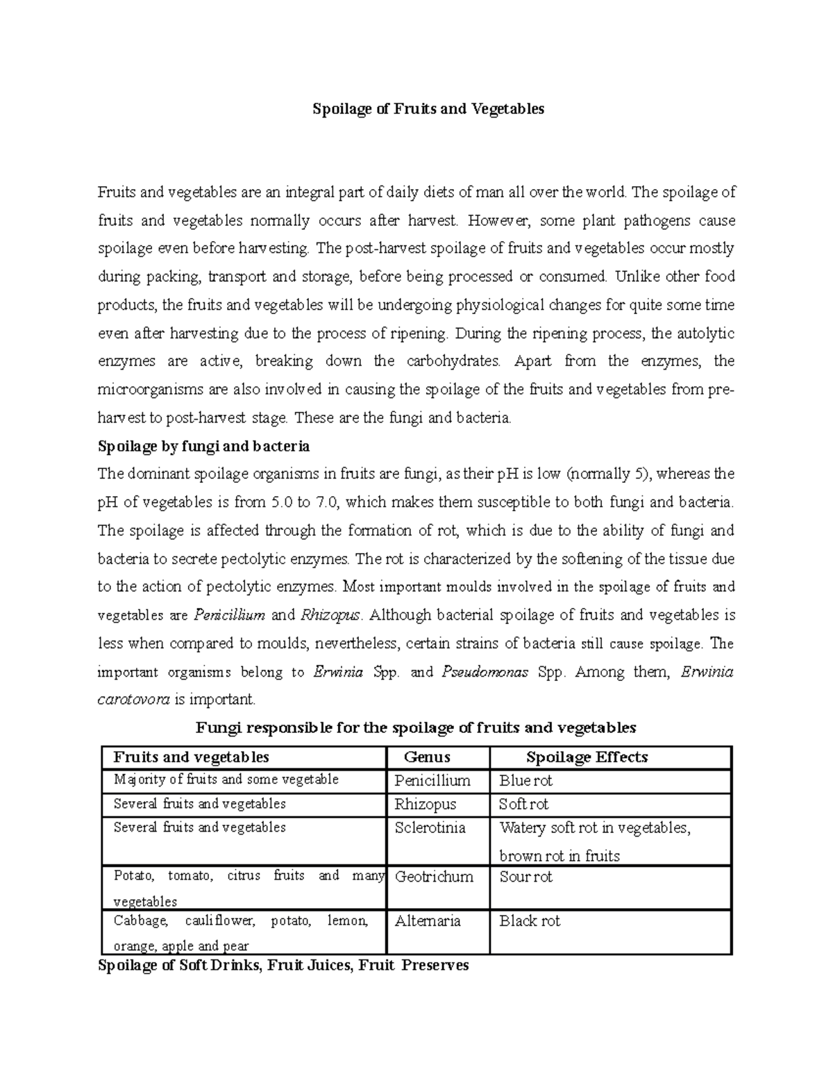 Spoilage of Fruits and Vegaetables Spoilage of Fruits and Vegetables