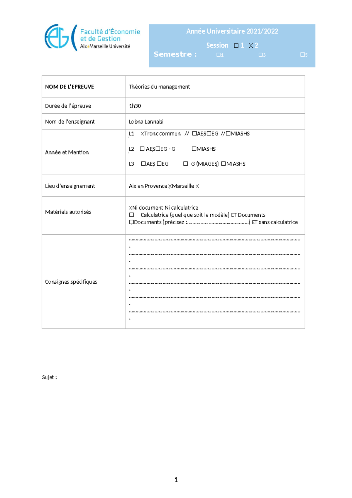 Sujet Session 2 Th Ã©ories Du Management 21-22 - Année Universitaire ...