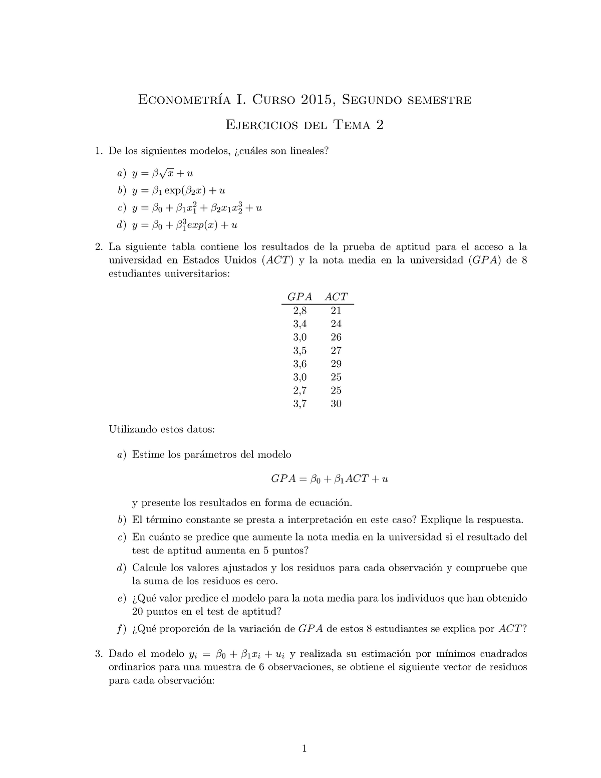 Ejer Tema 2 290672 - Ejercicios - Econometr´ıa I. Curso 2015, Segundo ...