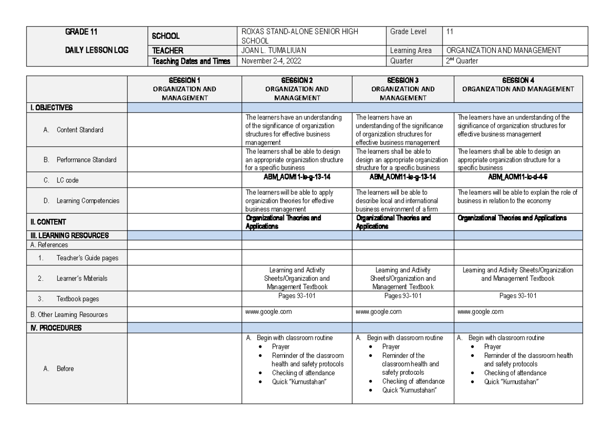 Ilide - for org management - DAILY LESSON LOG SCHOOL SCHOOL TEACHER ...
