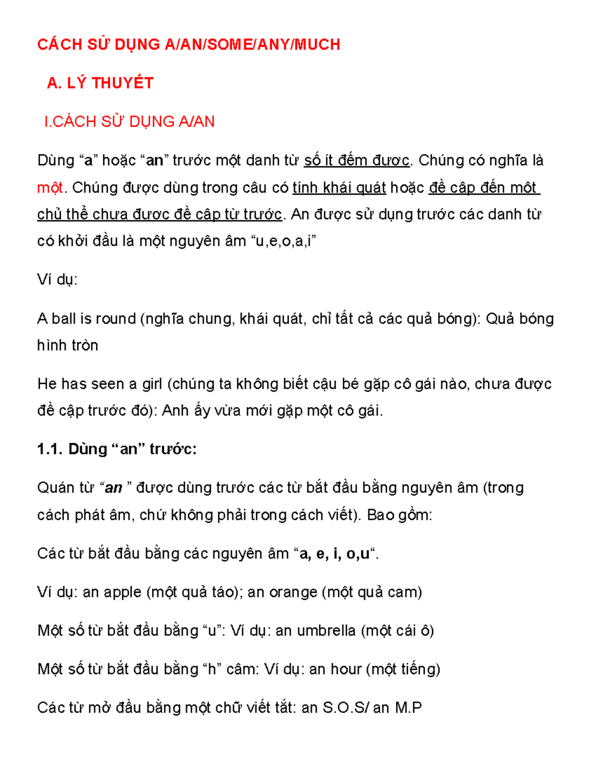 CÁCH SỬ DỤNG Aanmanymuch - CÁCH SỬ DỤNG A/AN/SOME/ANY/MUCH A. LÝ THUYẾT ...