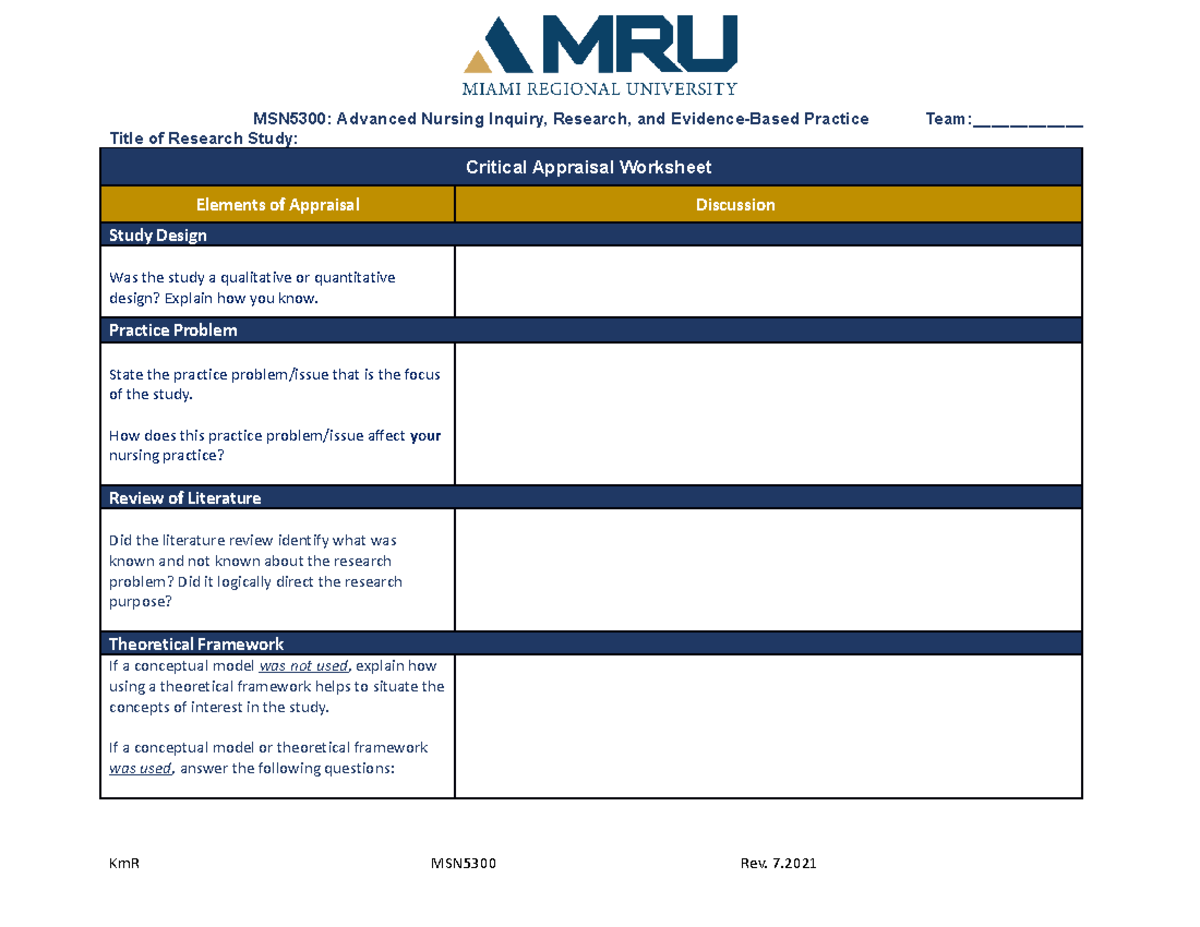 Critical Appraisal Worksheet revPractice - MSN5300: Advanced Nursing ...