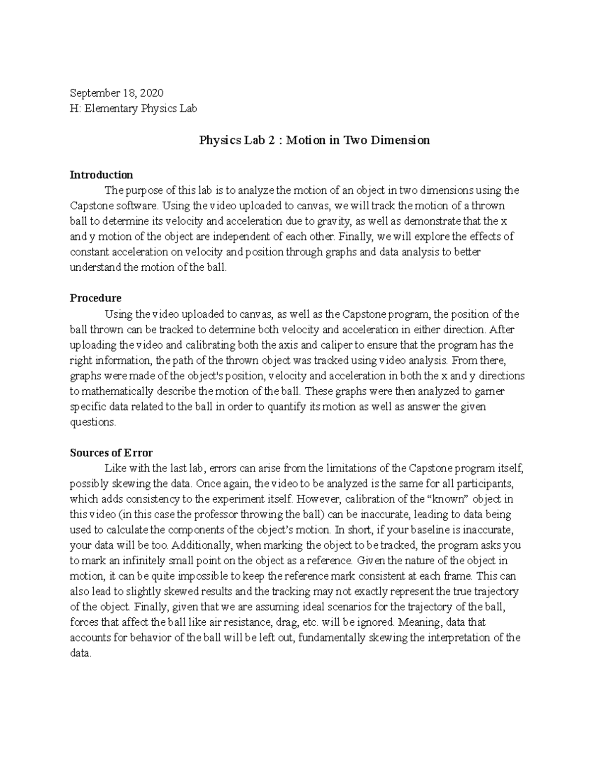 Physics Lab 2 - September 18, 2020 H: Elementary Physics Lab Physics ...
