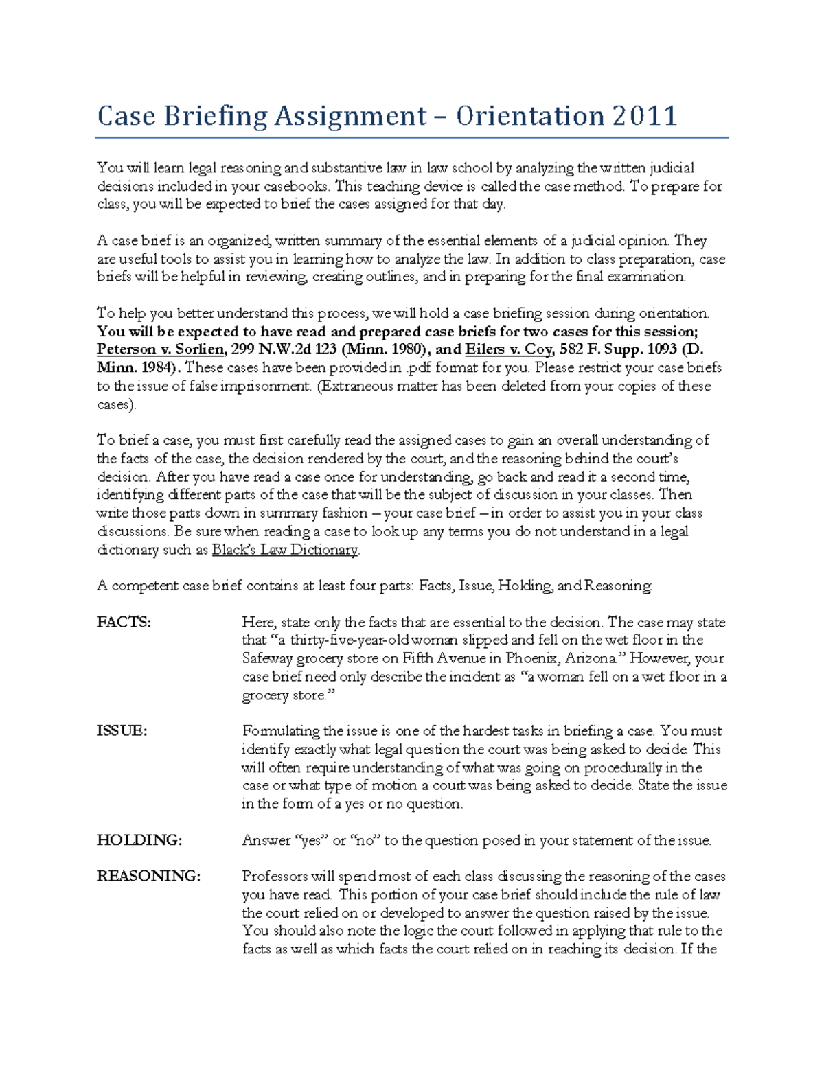 Casebriefingformat 2011 - Case Briefing Assignment – Orientation 2011 ...