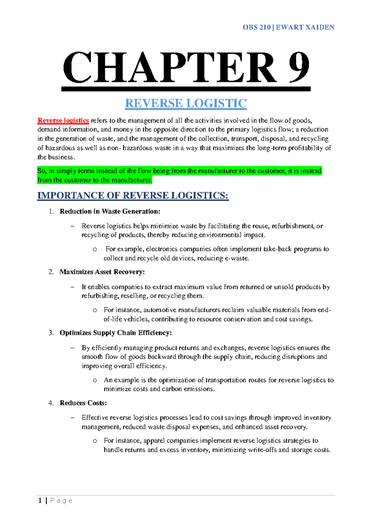 Chapter 9; Reverse Logistic OBS 210 - CHAPTER 9 REVERSE LOGISTIC ...