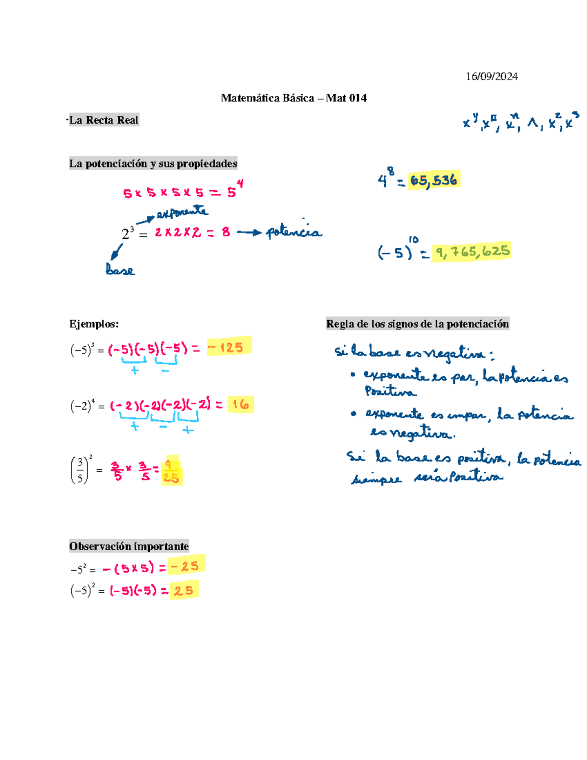 Apuntes Potenciación - 16 / 09 /202 4 Matemática Básica – Mat 014 La ...