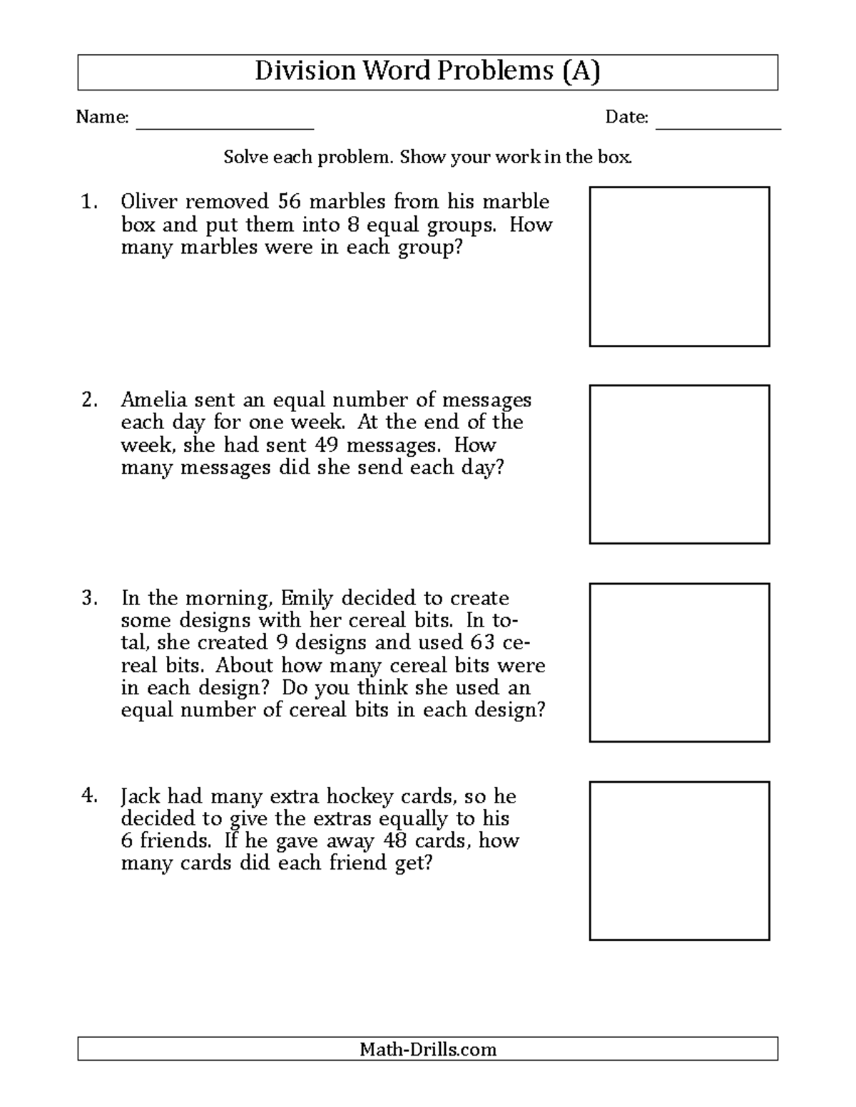 Math Word Problems - Maths - Division Word Problems (A) Name: Date ...