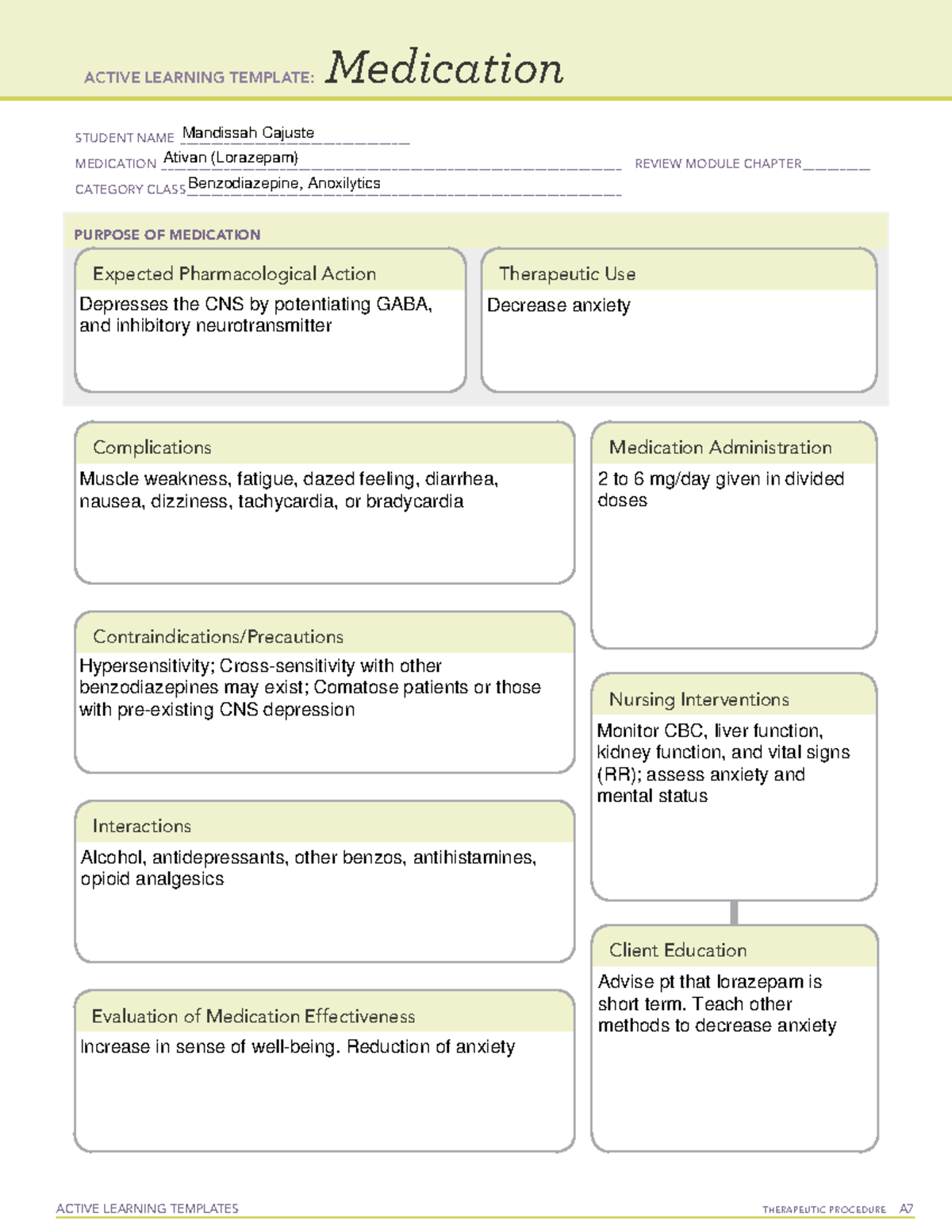 Ativan Medication Practice ACTIVE LEARNING TEMPLATES THERAPEUTIC