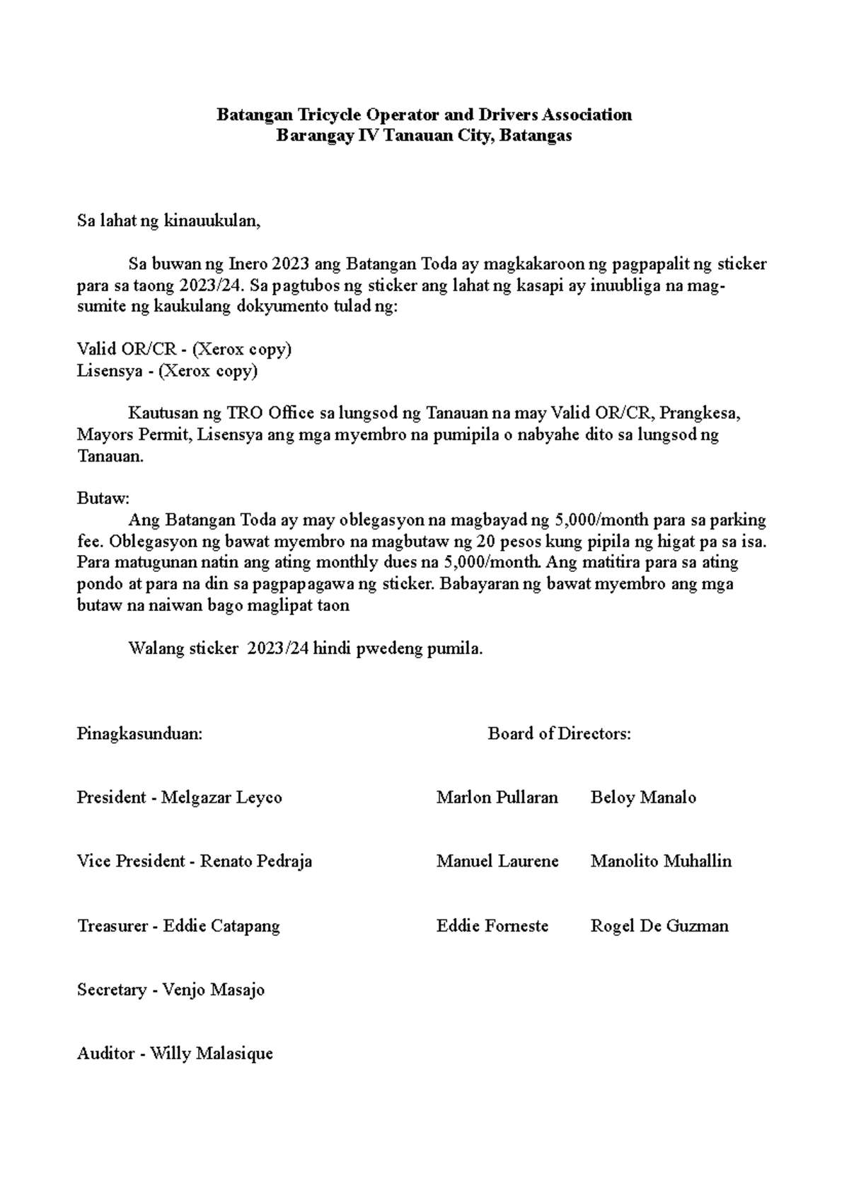 Batangan Tricycle Operator and Drivers Association Sa pagtubos ng
